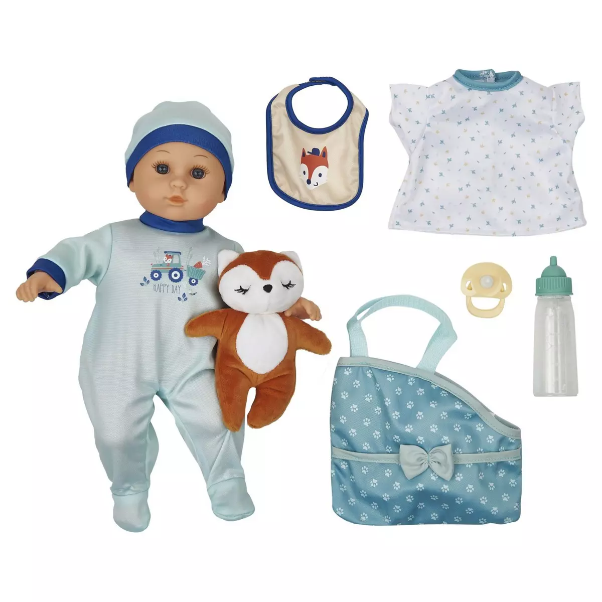 ONE TWO FUN Set poupée Alex et son doudou et divers accessoires - Bleu
