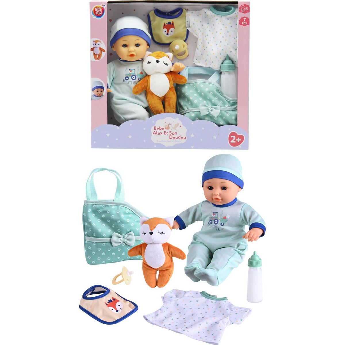 ONE TWO FUN Set poupée Alex et son doudou et divers accessoires - Bleu