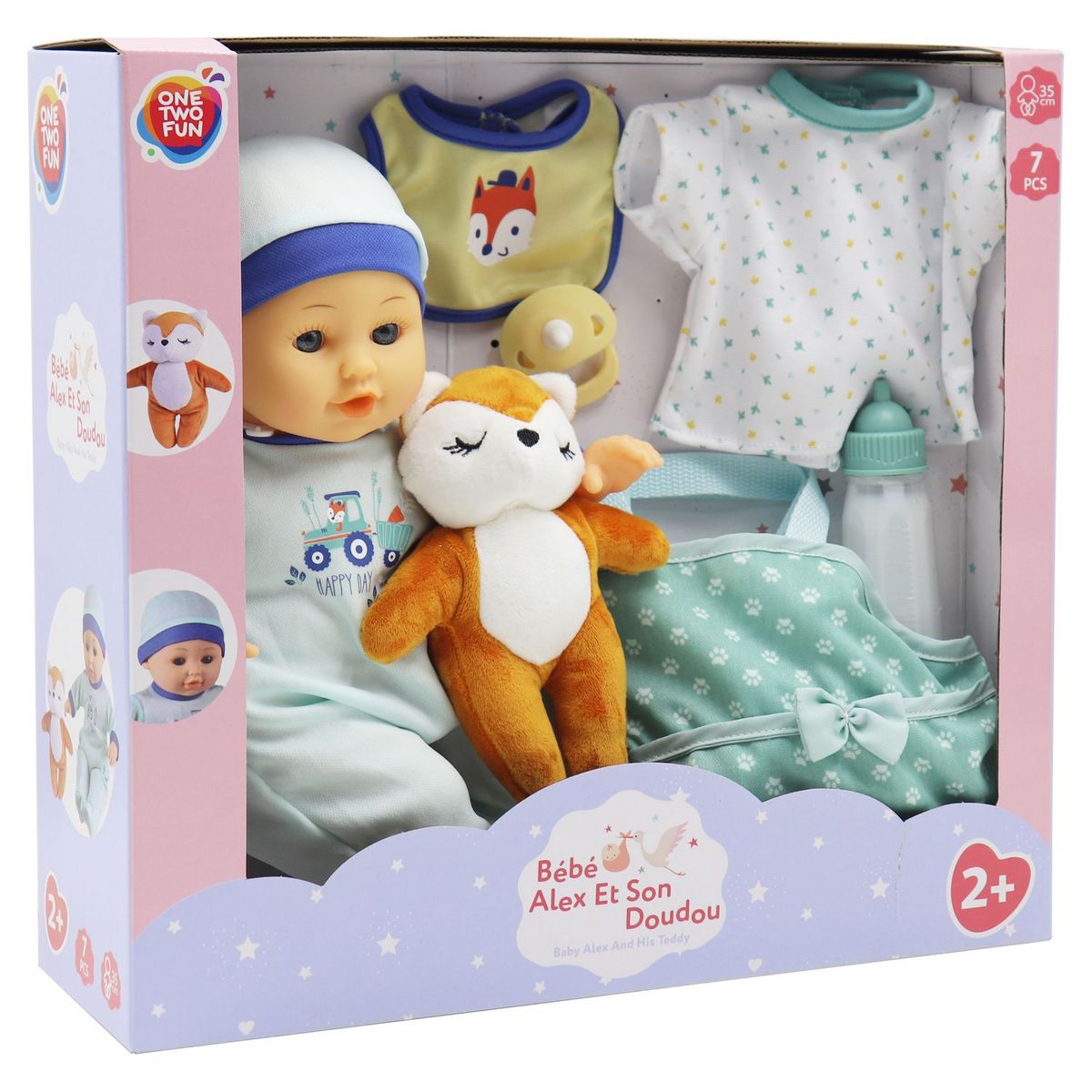 ONE TWO FUN Set poupée Alex et son doudou et divers accessoires - Bleu