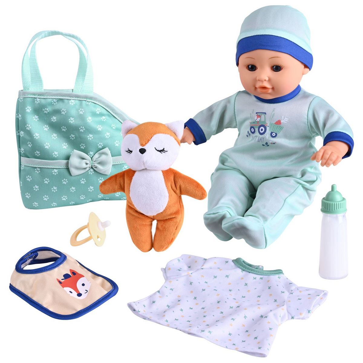 ONE TWO FUN Set poupée Alex et son doudou et divers accessoires - Bleu