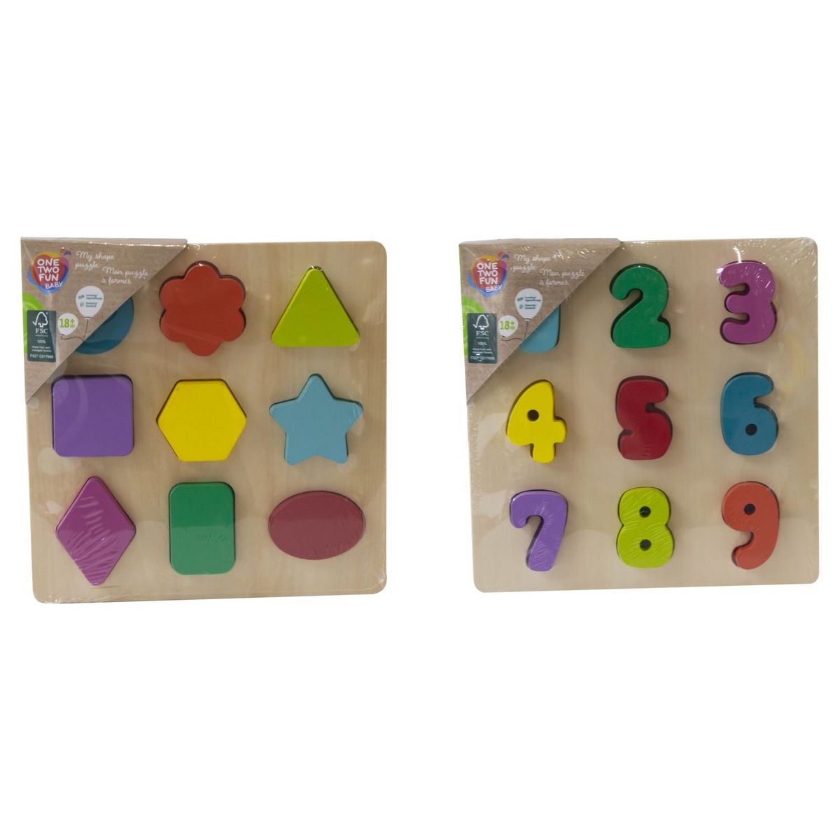 ONE TWO FUN Puzzle à formes chiffres 9 pièces en bois FSC