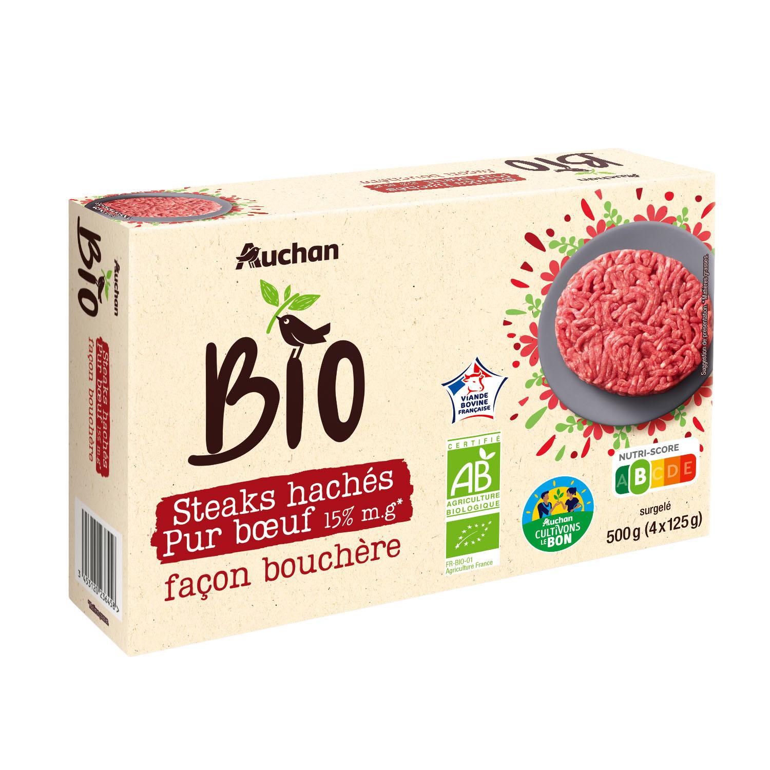 Voir la diapositive 2 : AUCHAN BIO CULTIVONS LE BON Steaks hachés pur boeuf 15%MG façon bouchère 4 pièces 500g