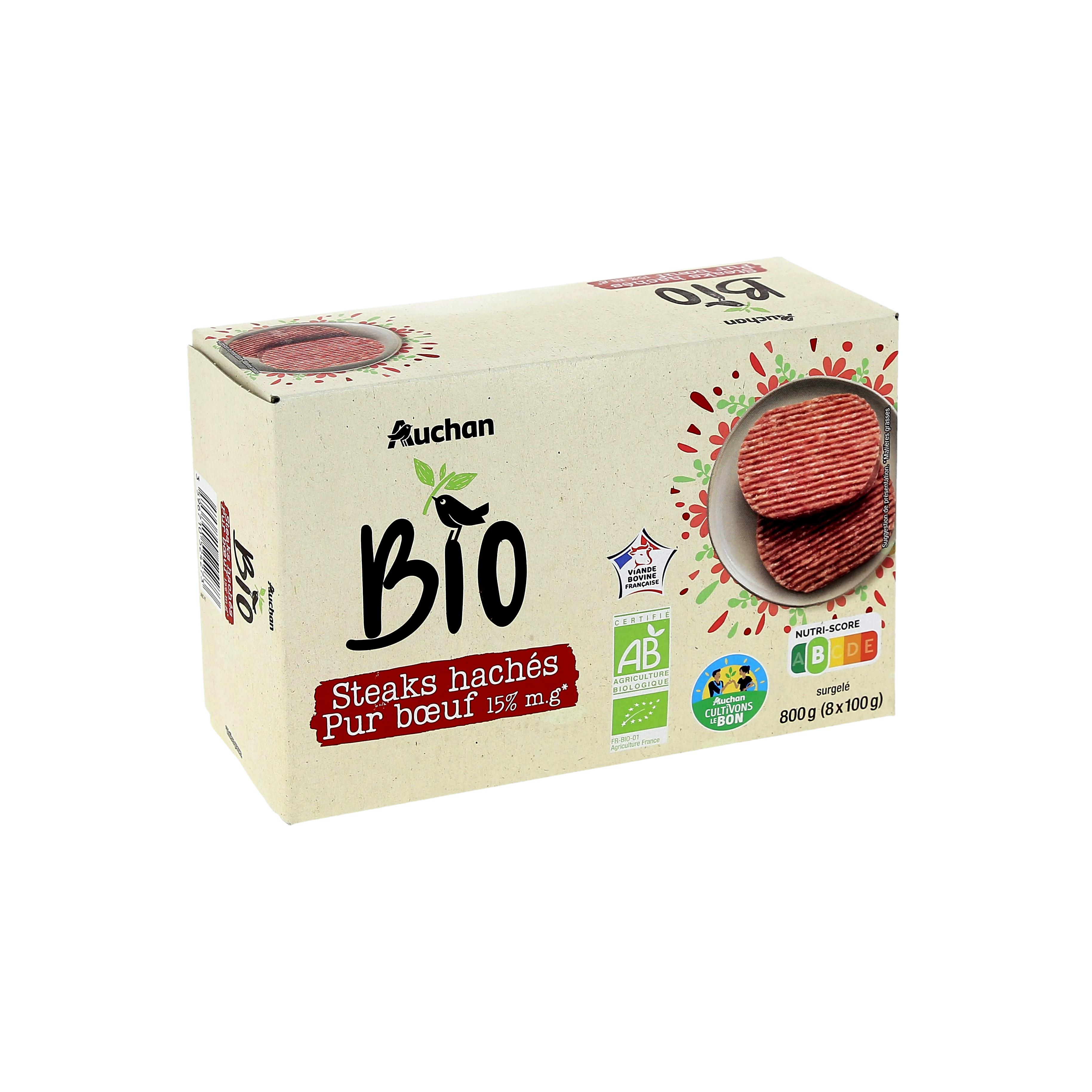 Voir la diapositive 3 : AUCHAN BIO CULTIVONS LE BON Steaks hachés pur bœuf 15% mg 8 pièces 800g