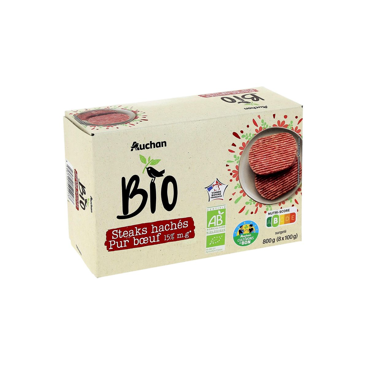 AUCHAN BIO CULTIVONS LE BON Steaks hachés pur bœuf 15% mg 8 pièces 800g