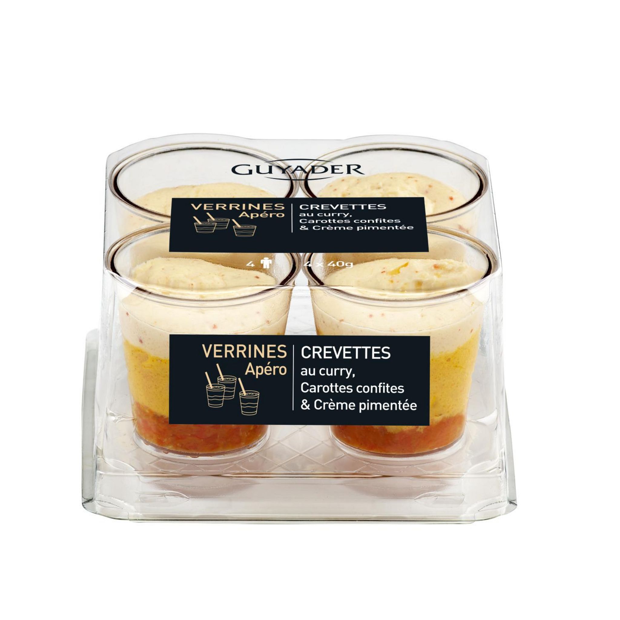 GUYADER Verrines aux crevette curry, aux carottes confites et à la crème pimentée 4 pièces 4x40g