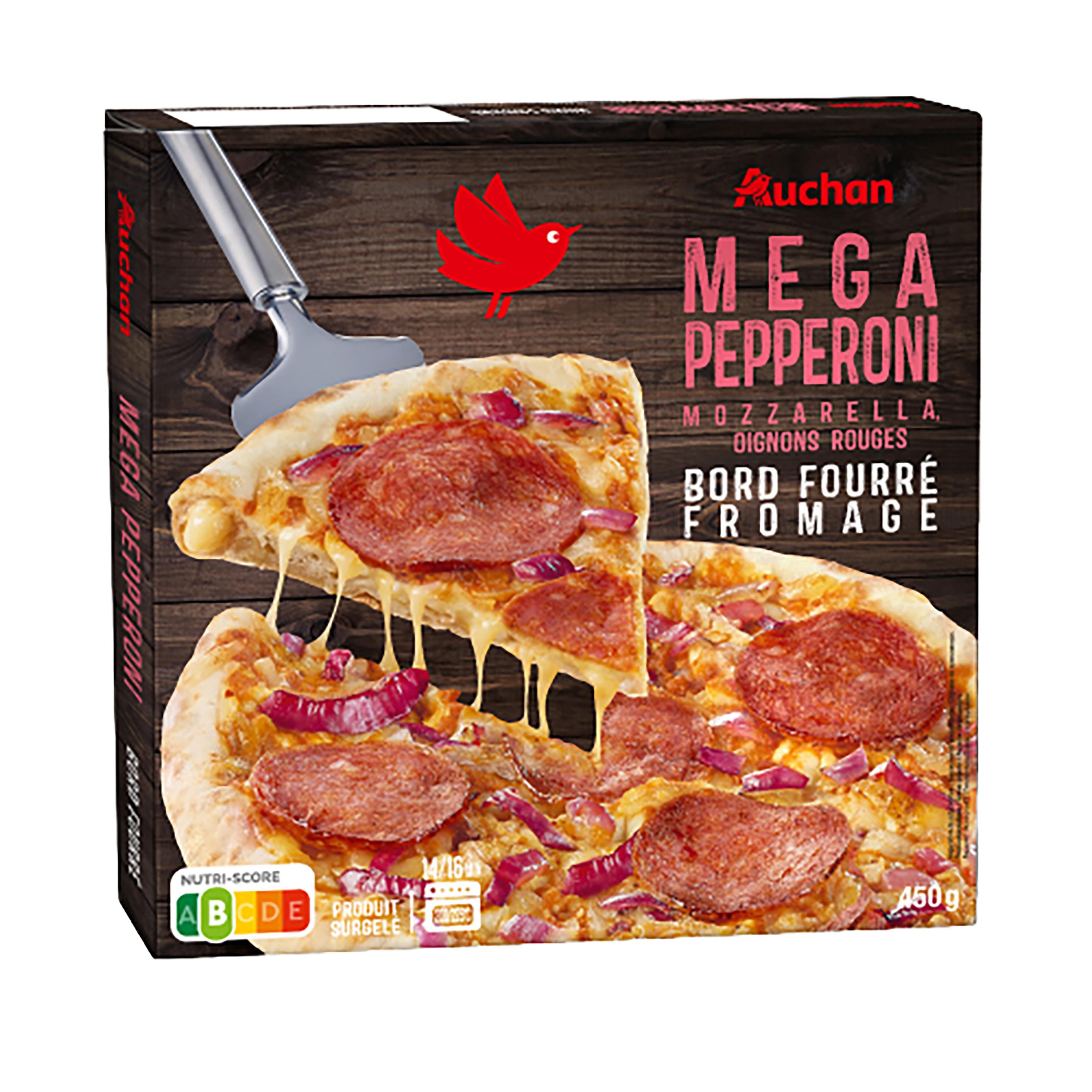 Voir la diapositive 3 : AUCHAN Pizza mega pepperoni mozzarella oignons rouges bord fourré au fromage 450g