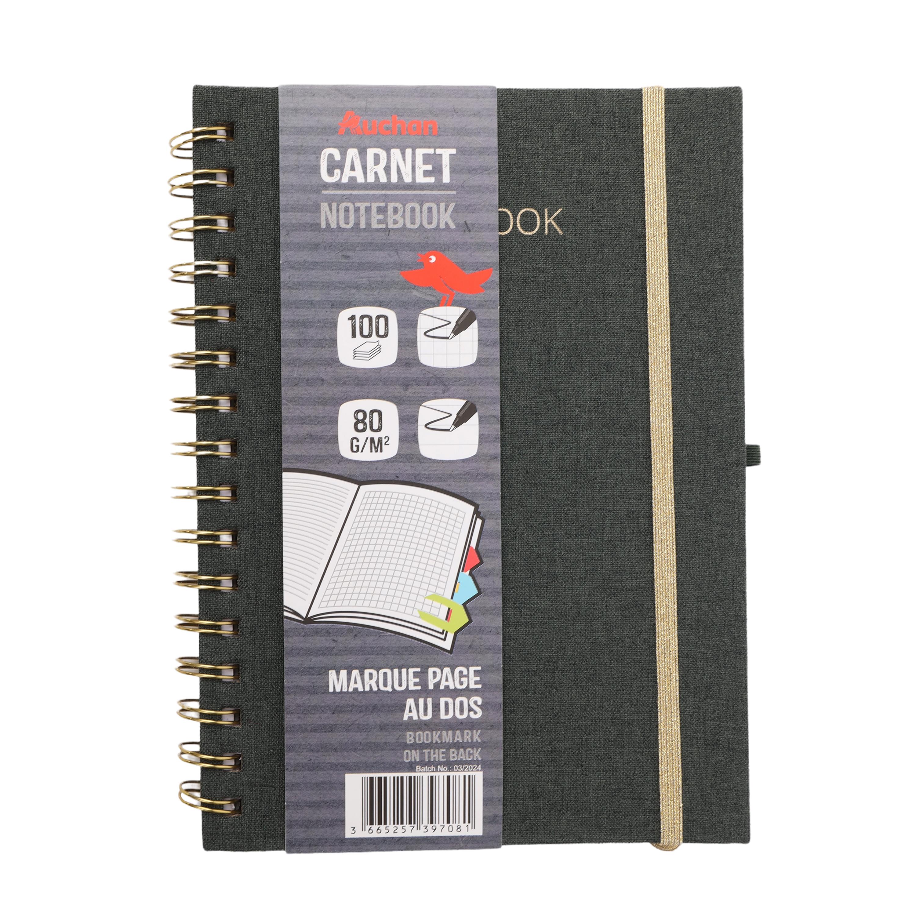 AUCHAN Carnet à Spirale A5 100 pages Couverture en tissu Mix Ligne carré 80g