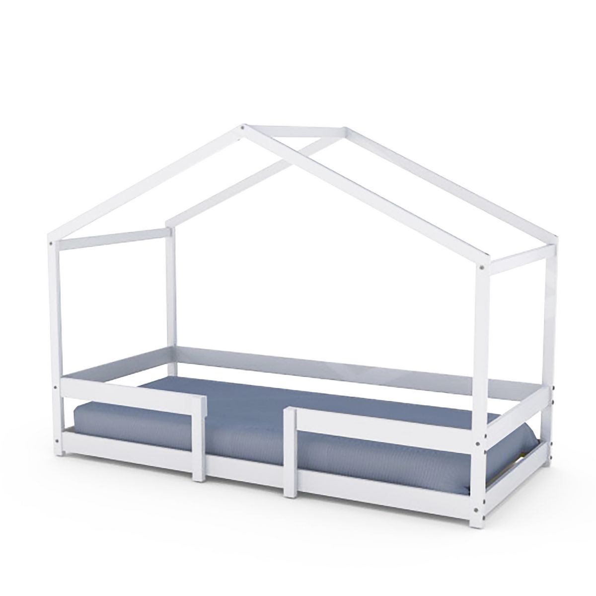 Lit cabane 90x190 cm en bois massif avec sommier et barrière de protection FLORIDA