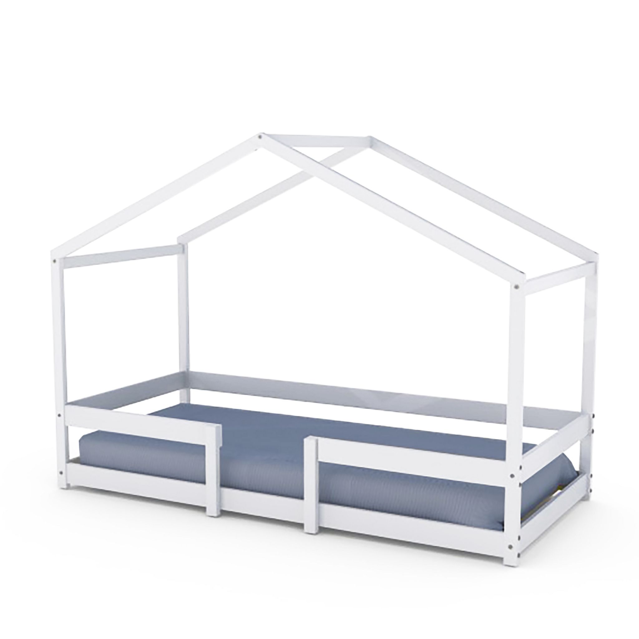 Voir la diapositive 3 : Lit cabane 90x190 cm en bois massif avec sommier et barrière de protection FLORIDA
