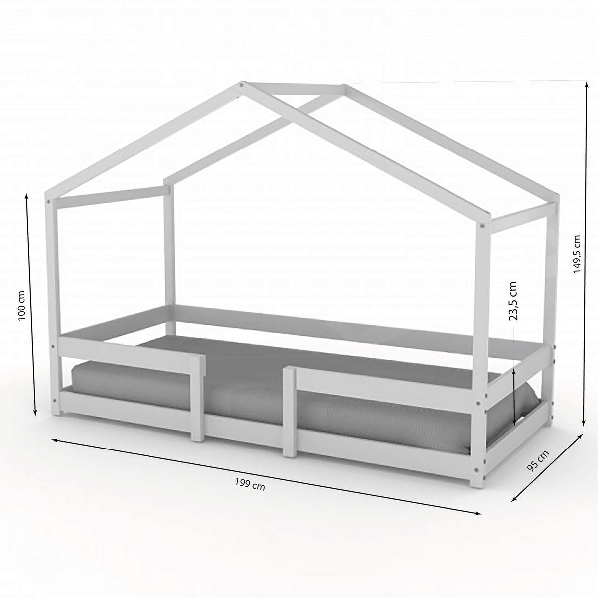 Lit cabane 90x190 cm en bois massif avec sommier et barrière de protection FLORIDA