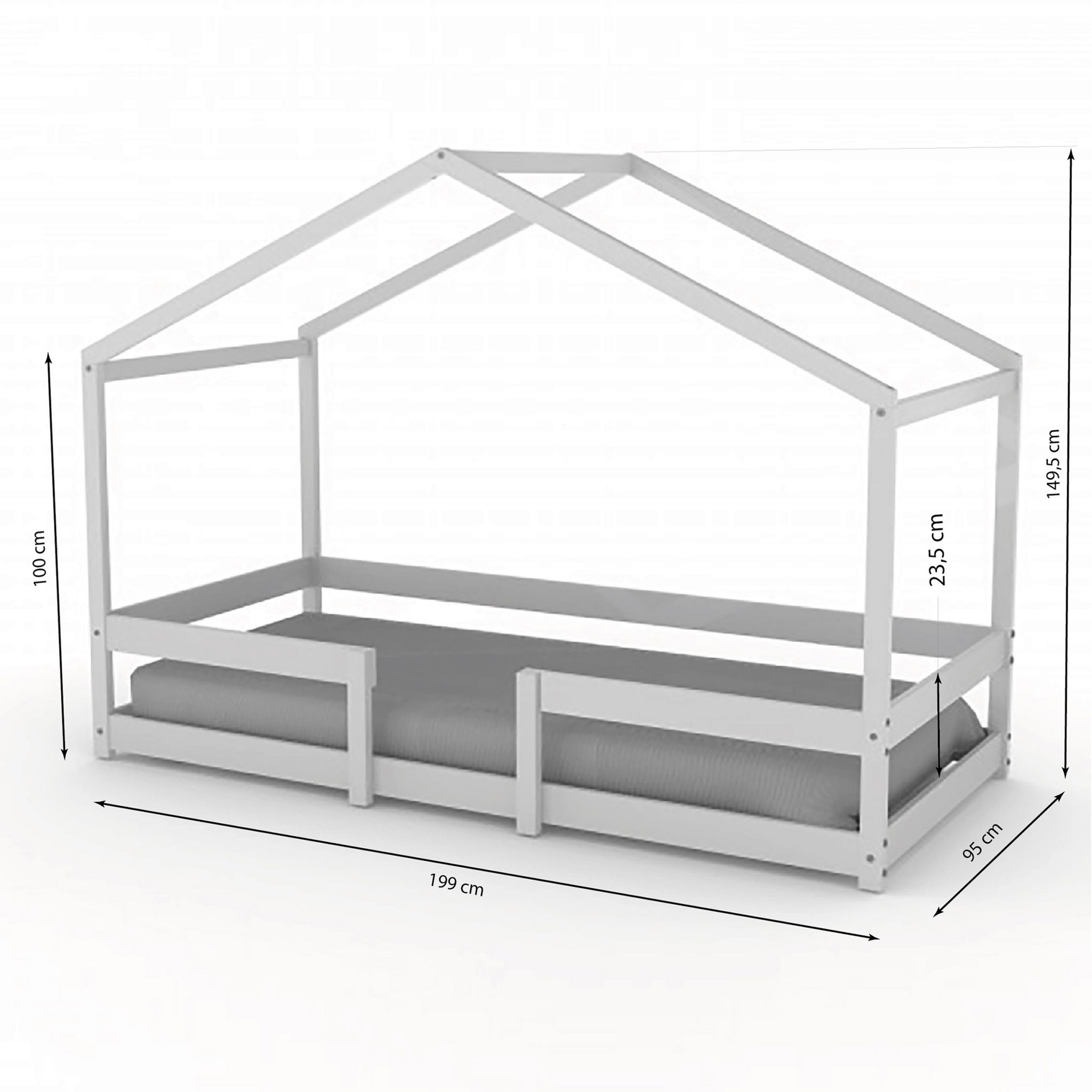 Voir la diapositive 4 : Lit cabane 90x190 cm en bois massif avec sommier et barrière de protection FLORIDA