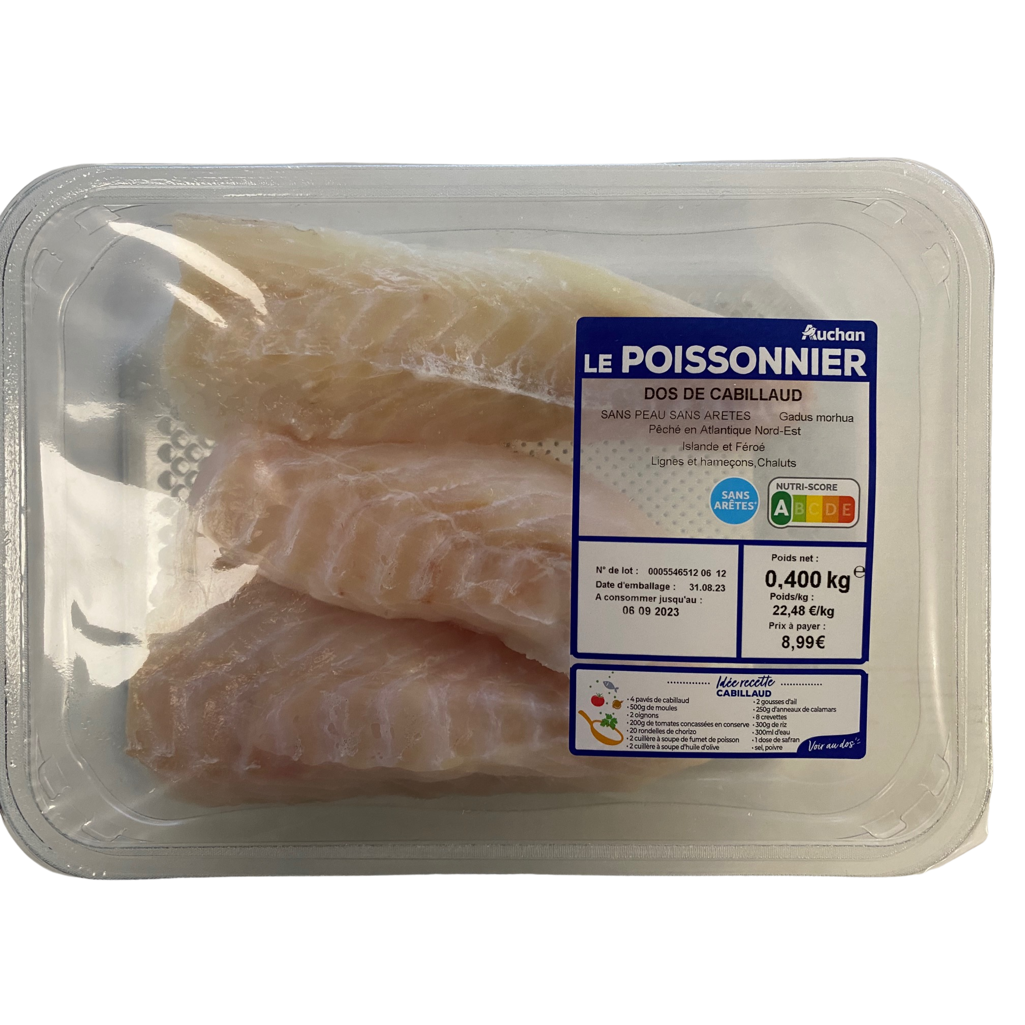 AUCHAN LE POISSONNIER Barquette De Dos De Cabillaud Sans Arêtes 400g ...