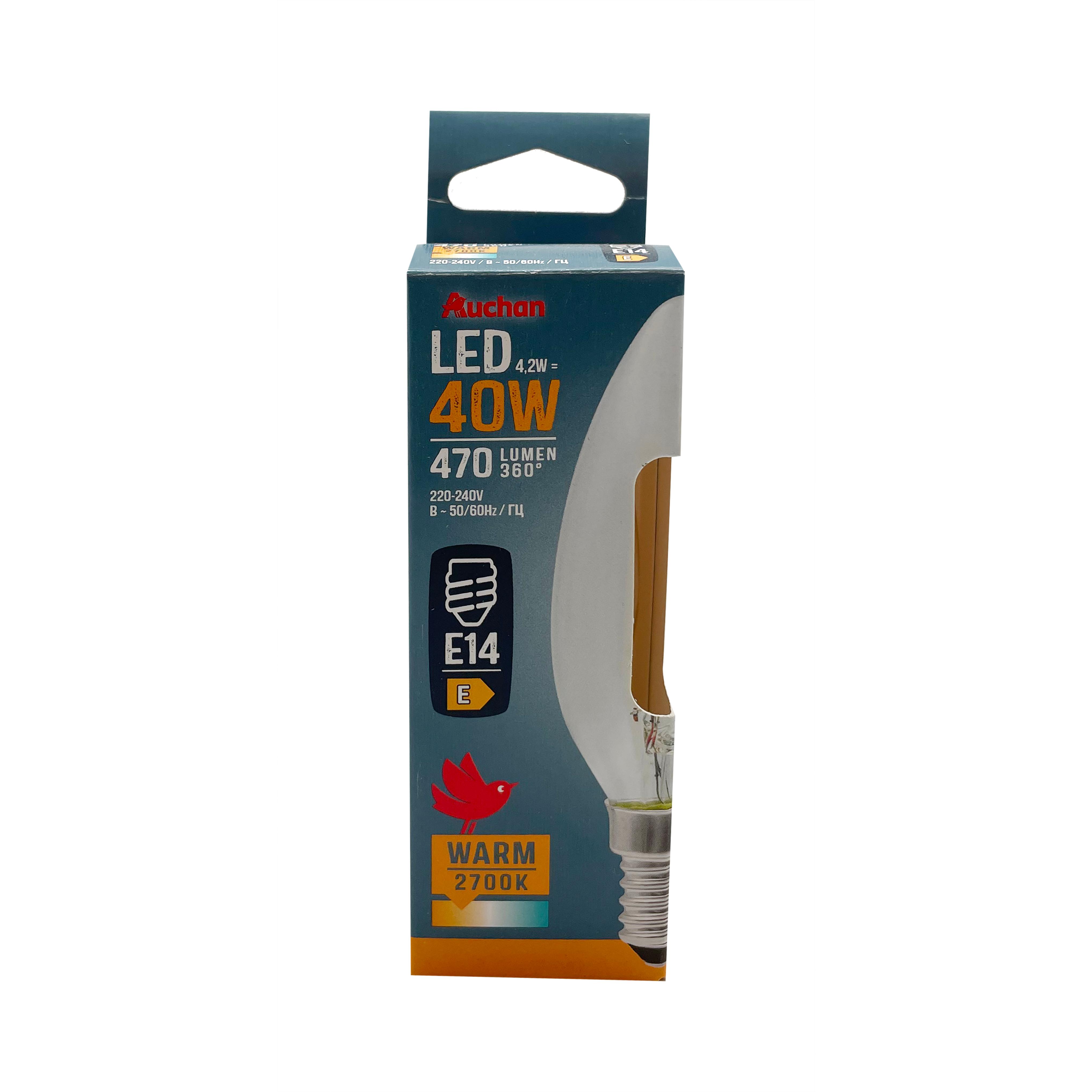 Voir la diapositive 2 : AUCHAN Ampoule LED E14 40W Flamme - Blanc chaud
