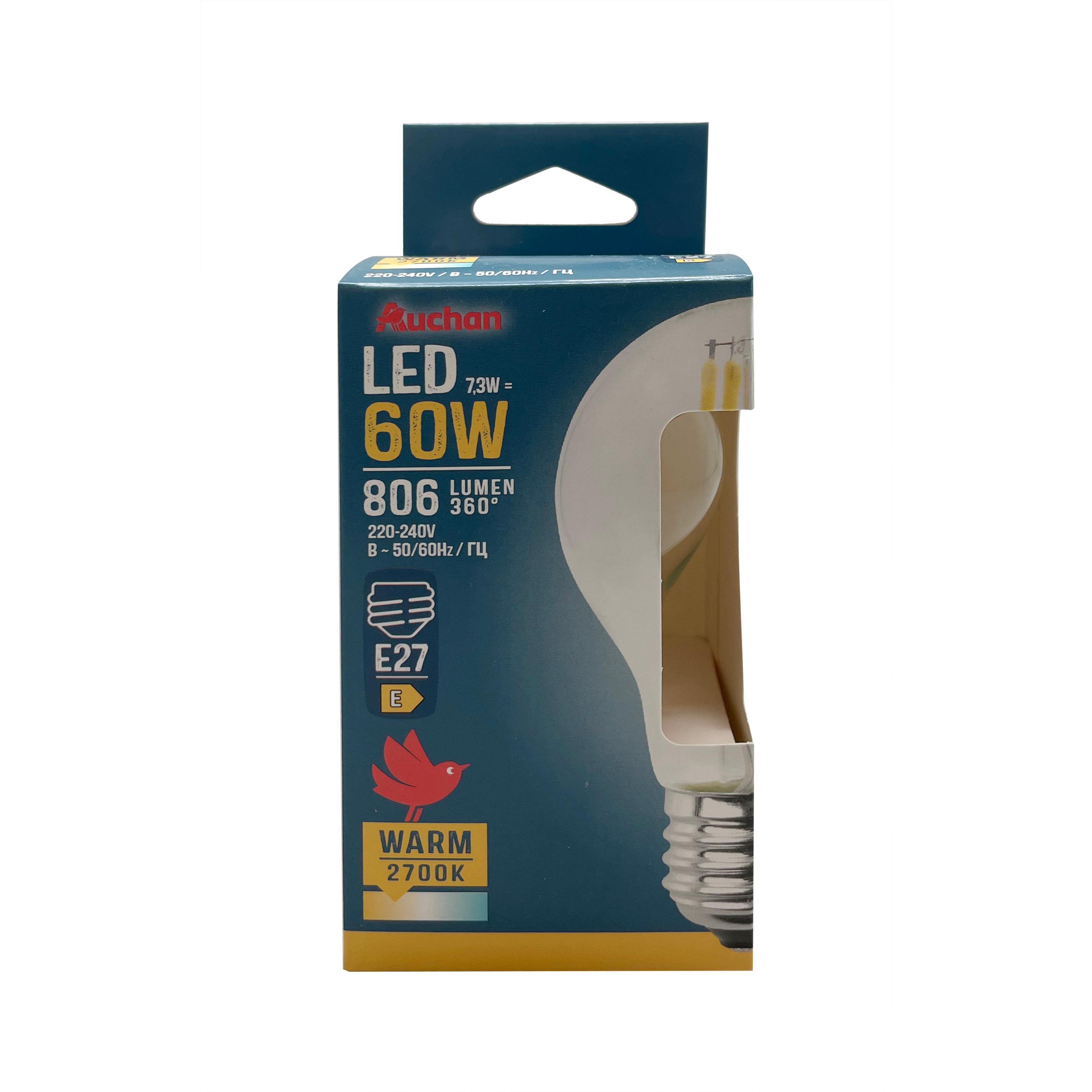 Voir la diapositive 2 : AUCHAN Ampoule LED standard E27 60W - Blanc chaud