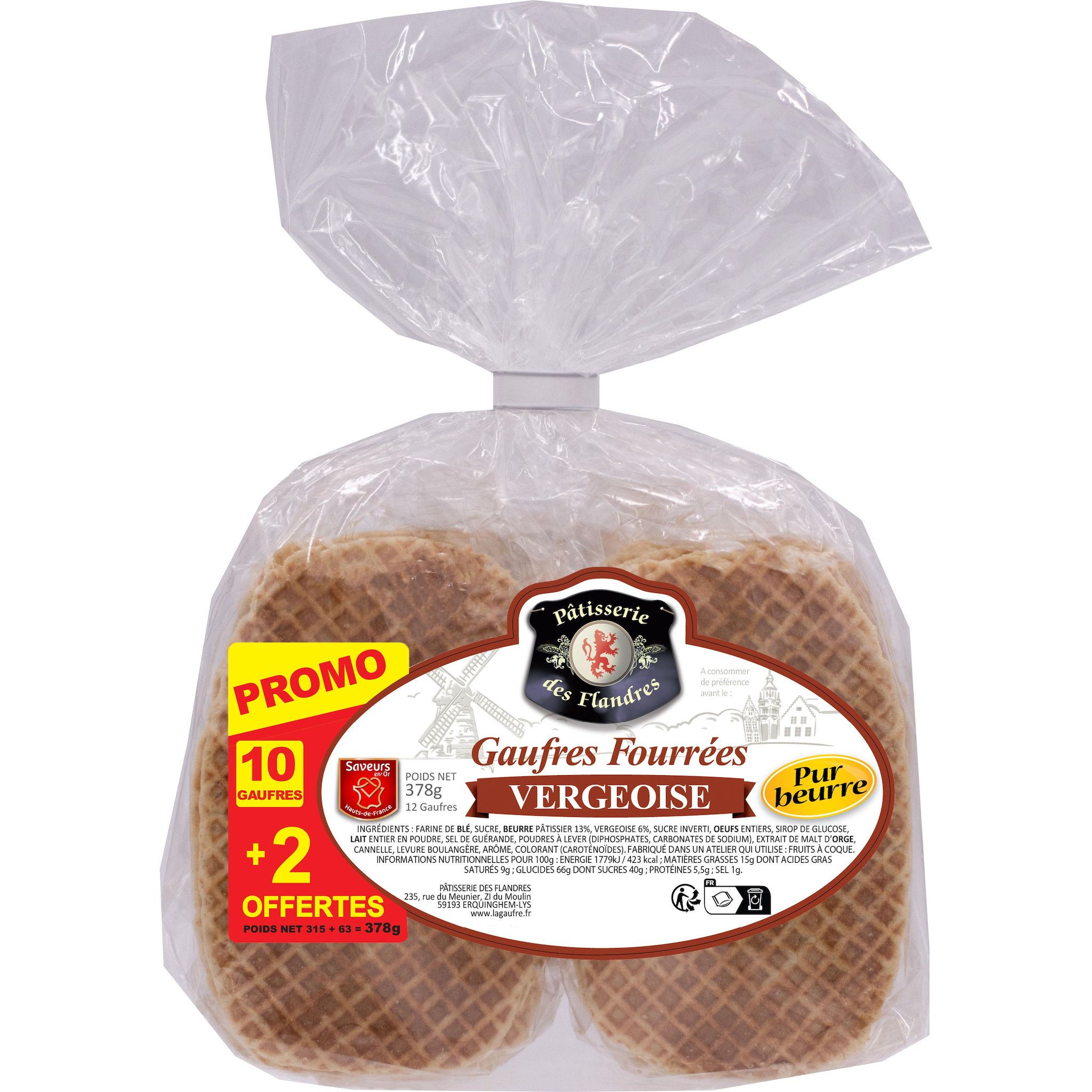 PATISSERIE DES FLANDRES Gaufre pur beurre fourrée vergeoise + 2 offertes 378 g
