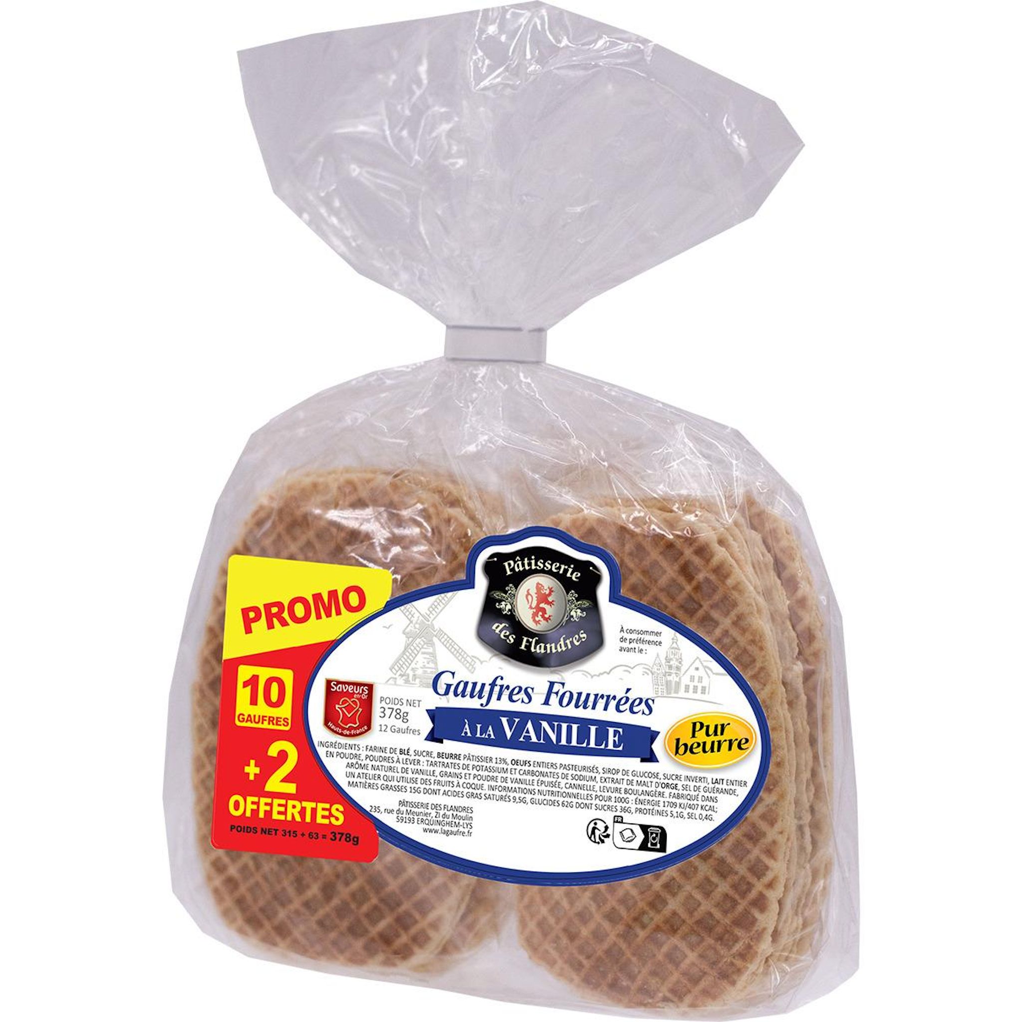 PATISSERIE DES FLANDRES Gaufre pur beurre fourres vanille + 2 offertes 378 g