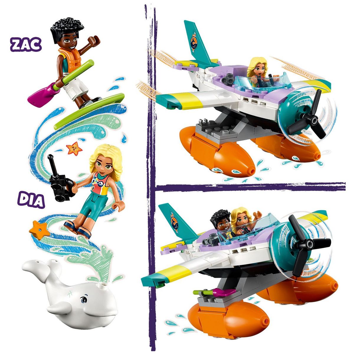 LEGO Friends 41752 - L'Hydravion de Secours en Mer, Jouet de Soin des Animaux, avec Avion, Figurine Baleine et Mini-Poupées