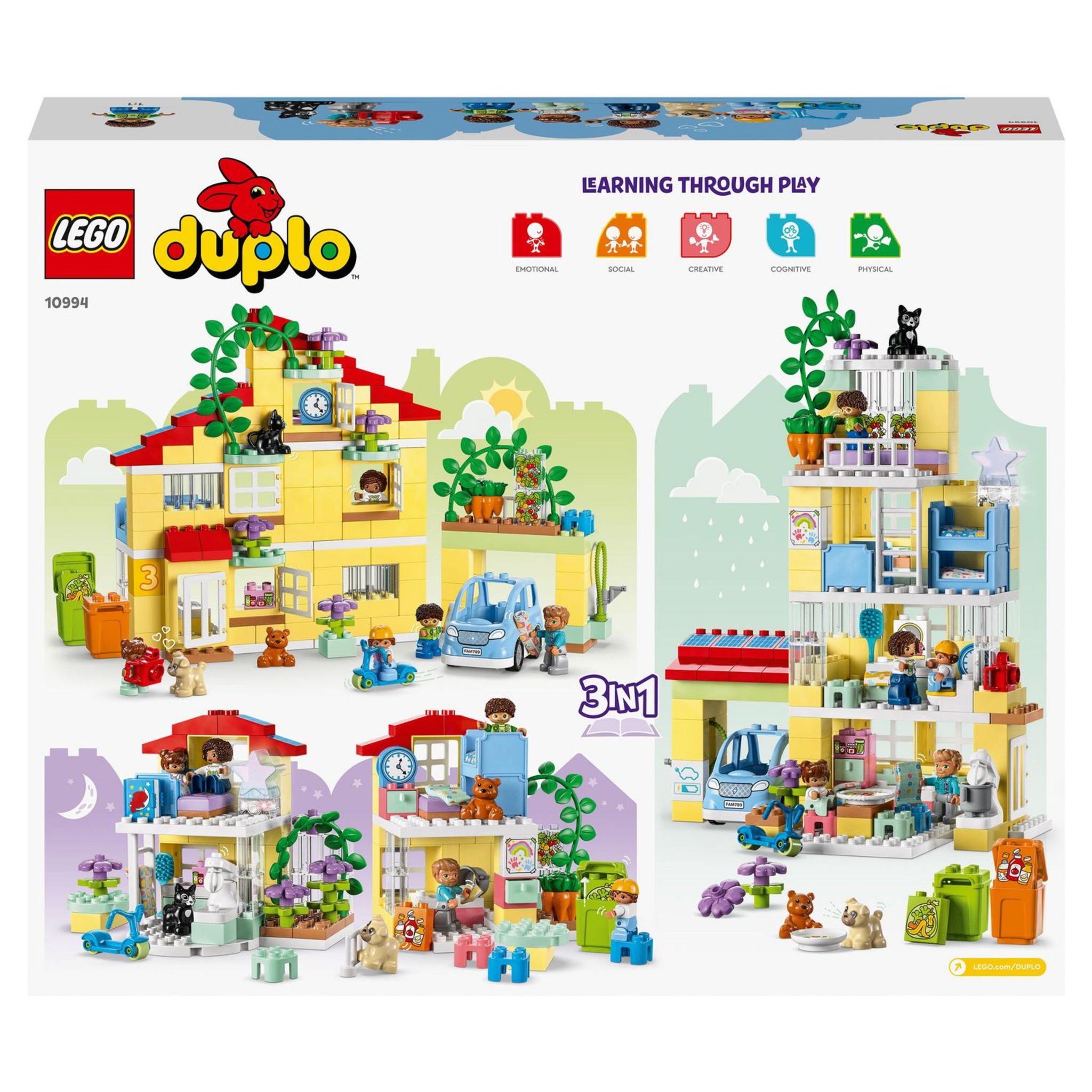 Voir la diapositive 2 : LEGO DUPLO 10994 - Ma Ville La Maison Familiale 3-en-1, Maison de Poupées en Briques avec Voiture, 5 Figurines, 2 Animaux et Lampe
