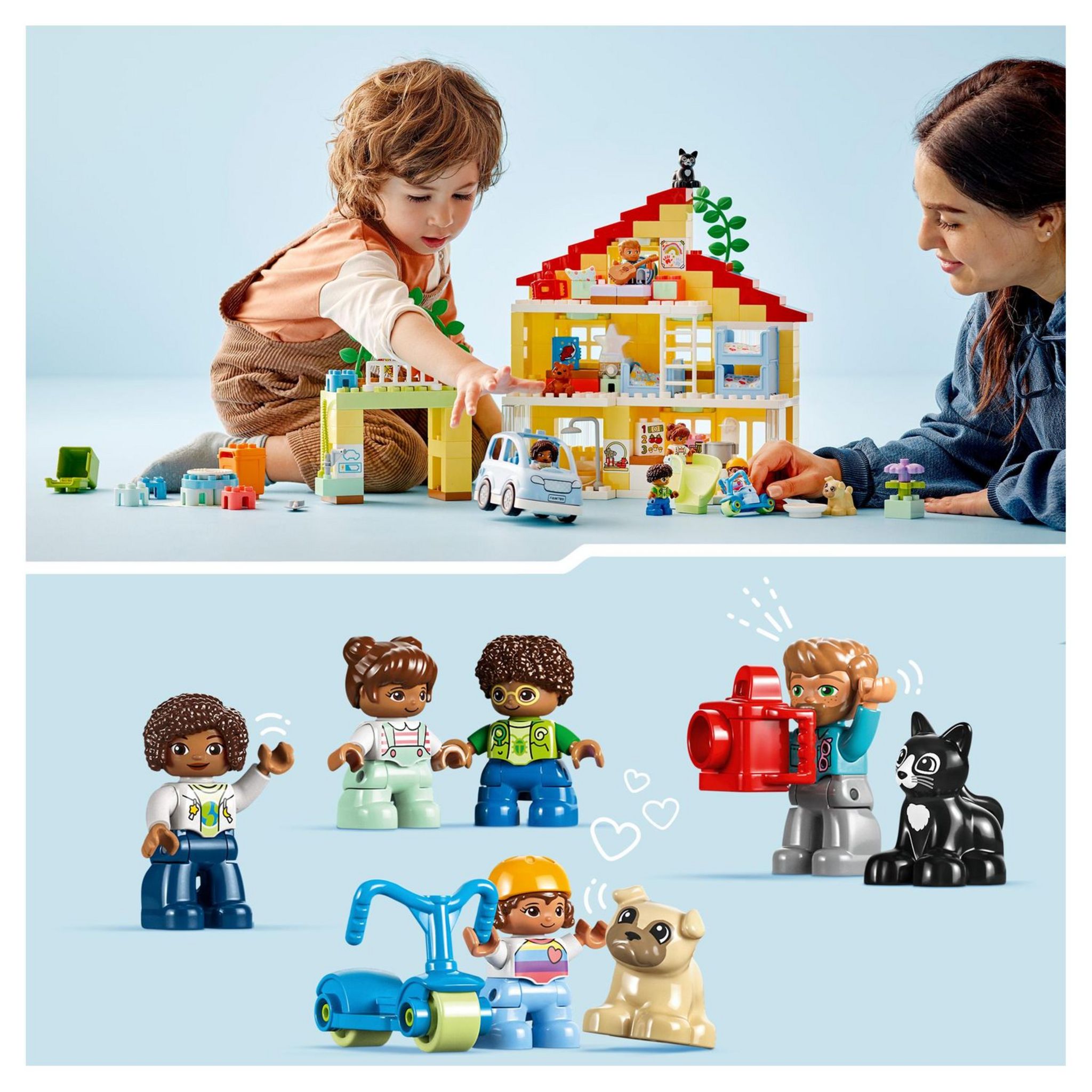Voir la diapositive 3 : LEGO DUPLO 10994 - Ma Ville La Maison Familiale 3-en-1, Maison de Poupées en Briques avec Voiture, 5 Figurines, 2 Animaux et Lampe