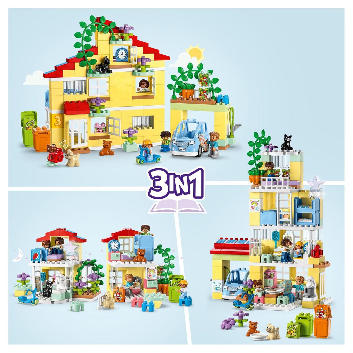LEGO DUPLO 10994 - Ma Ville La Maison Familiale 3-en-1, Maison de Poupées en Briques avec Voiture, 5 Figurines, 2 Animaux et Lampe
