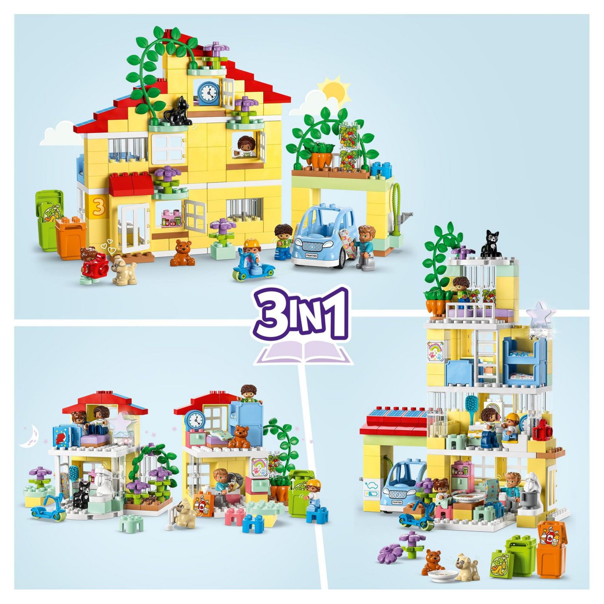 Voir la diapositive 6 : LEGO DUPLO 10994 - Ma Ville La Maison Familiale 3-en-1, Maison de Poupées en Briques avec Voiture, 5 Figurines, 2 Animaux et Lampe