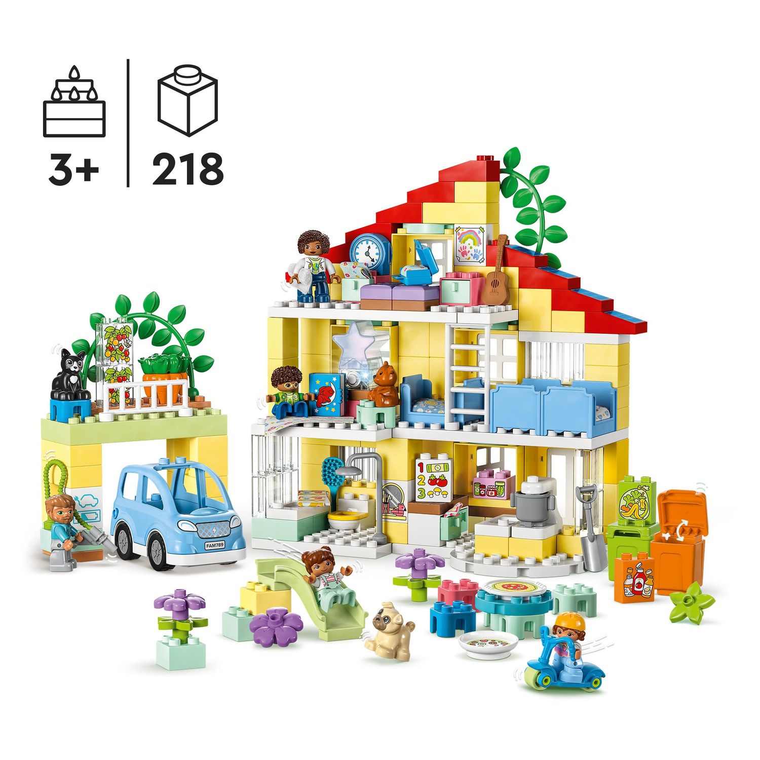 Voir la diapositive 7 : LEGO DUPLO 10994 - Ma Ville La Maison Familiale 3-en-1, Maison de Poupées en Briques avec Voiture, 5 Figurines, 2 Animaux et Lampe