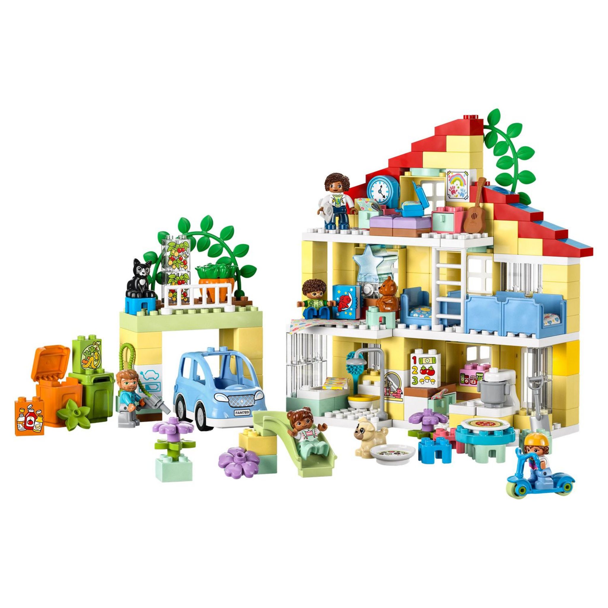 Voir la diapositive 8 : LEGO DUPLO 10994 - Ma Ville La Maison Familiale 3-en-1, Maison de Poupées en Briques avec Voiture, 5 Figurines, 2 Animaux et Lampe