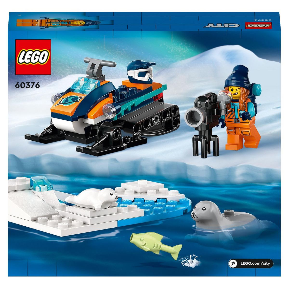 LEGO City 60376 - La Motoneige d'Exploration Arctique, Jouet de Construction de Véhicules avec Figurines de Phoques et Minifigurine d'Explorateur