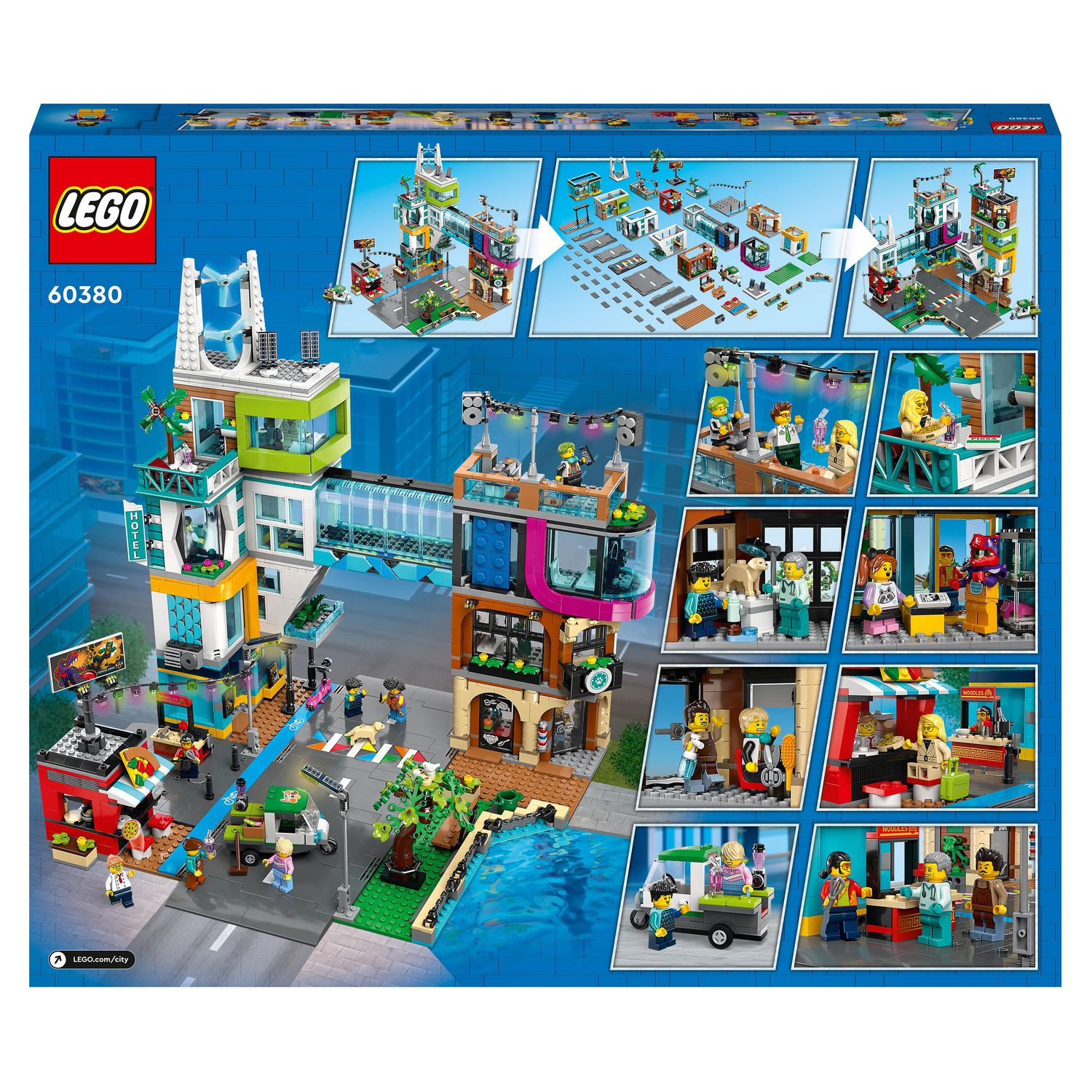 Voir la diapositive 2 : LEGO City 60380 - Le Centre-Ville, Jouet de Construction de Maquettes avec Salon de Coiffure, Vétérinaire, Hôtel et Discothèque avec Minifigurines et Plaques de Route