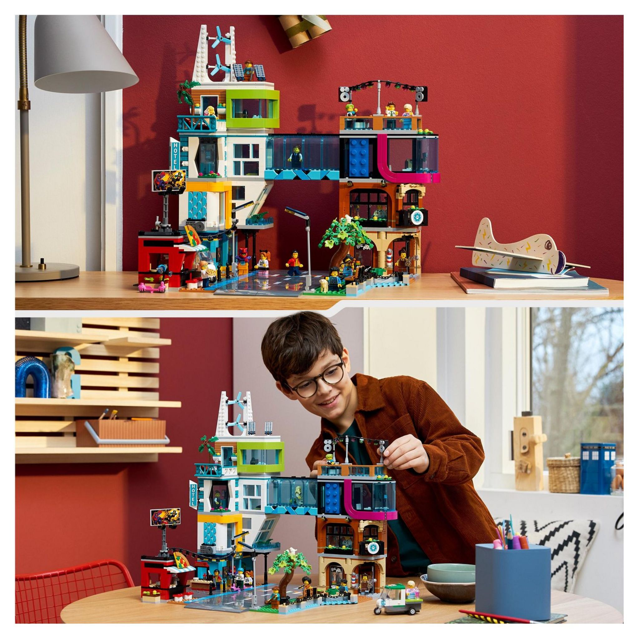 Voir la diapositive 3 : LEGO City 60380 - Le Centre-Ville, Jouet de Construction de Maquettes avec Salon de Coiffure, Vétérinaire, Hôtel et Discothèque avec Minifigurines et Plaques de Route