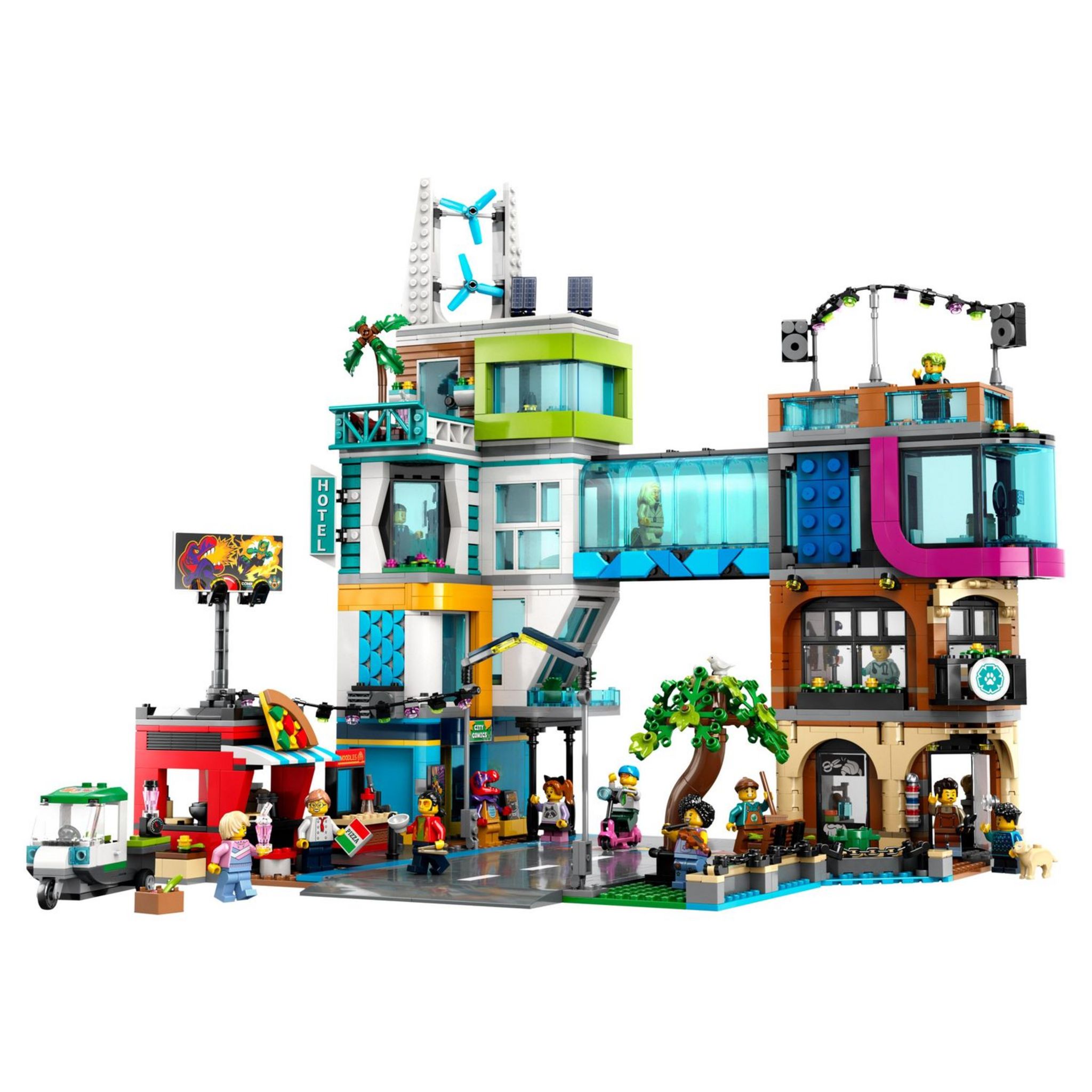 Voir la diapositive 9 : LEGO City 60380 - Le Centre-Ville, Jouet de Construction de Maquettes avec Salon de Coiffure, Vétérinaire, Hôtel et Discothèque avec Minifigurines et Plaques de Route