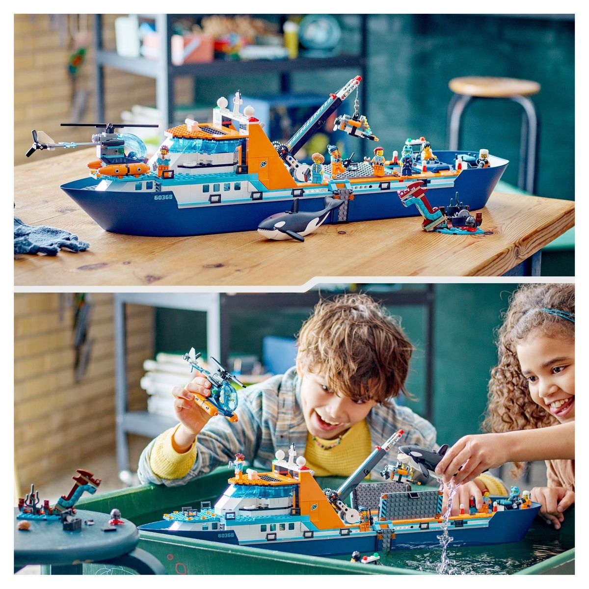 LEGO City 60368 - Le Navire d'Exploration Arctique, Grand Jouet avec Bateau Flottant, Hélicoptère, Sous-Marin, Épave de Viking, 7 Minifigurines et Figurine d'Orque