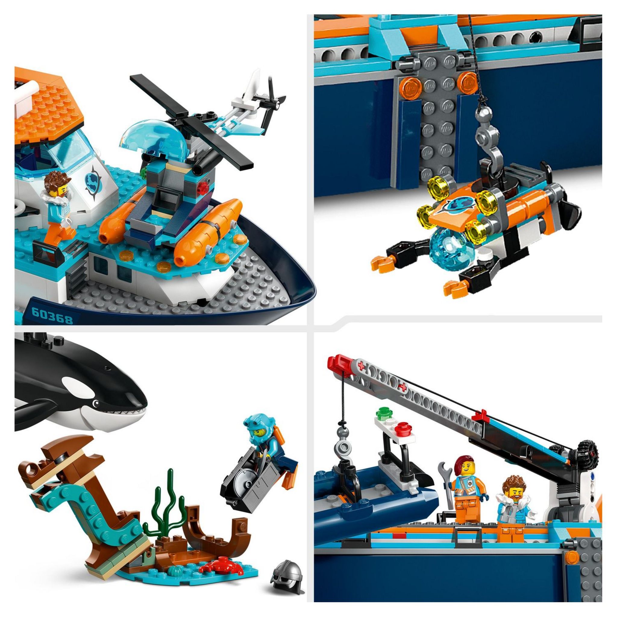 Voir la diapositive 5 : LEGO City 60368 - Le Navire d'Exploration Arctique, Grand Jouet avec Bateau Flottant, Hélicoptère, Sous-Marin, Épave de Viking, 7 Minifigurines et Figurine d'Orque