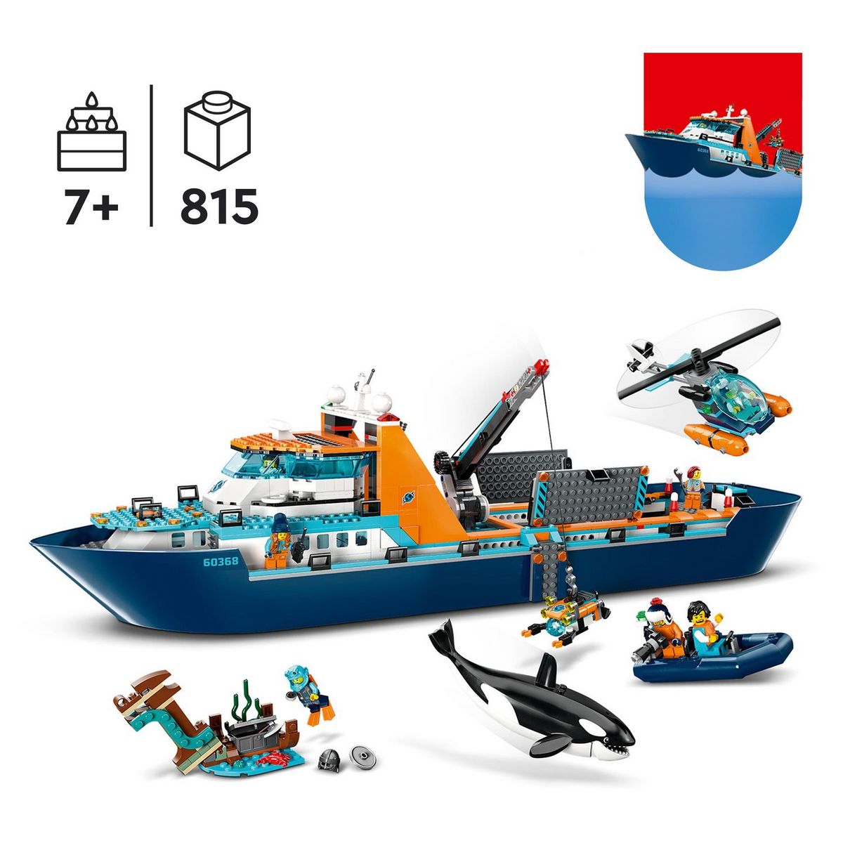 LEGO City 60368 - Le Navire d'Exploration Arctique, Grand Jouet avec Bateau Flottant, Hélicoptère, Sous-Marin, Épave de Viking, 7 Minifigurines et Figurine d'Orque