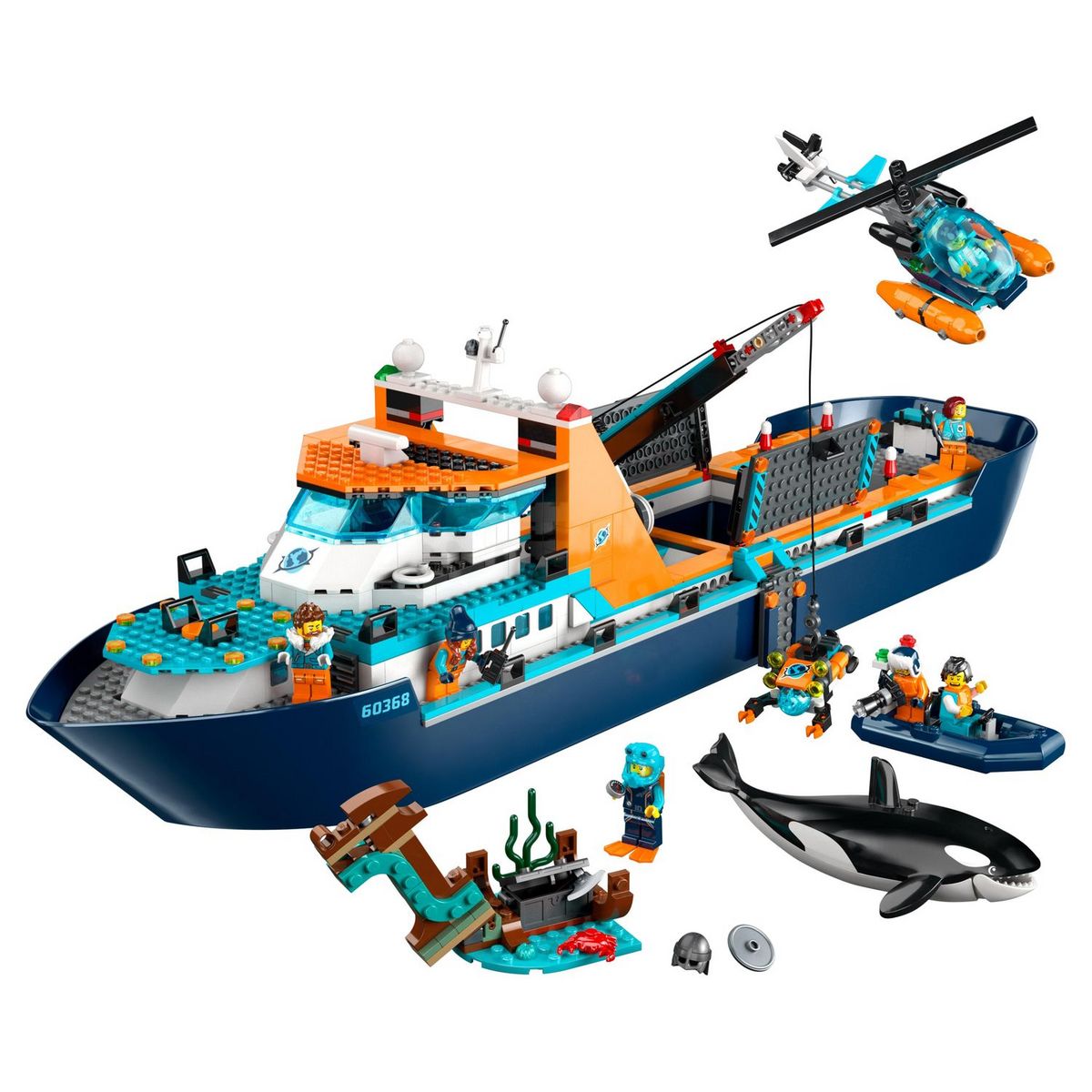 LEGO City 60368 - Le Navire d'Exploration Arctique, Grand Jouet avec Bateau Flottant, Hélicoptère, Sous-Marin, Épave de Viking, 7 Minifigurines et Figurine d'Orque