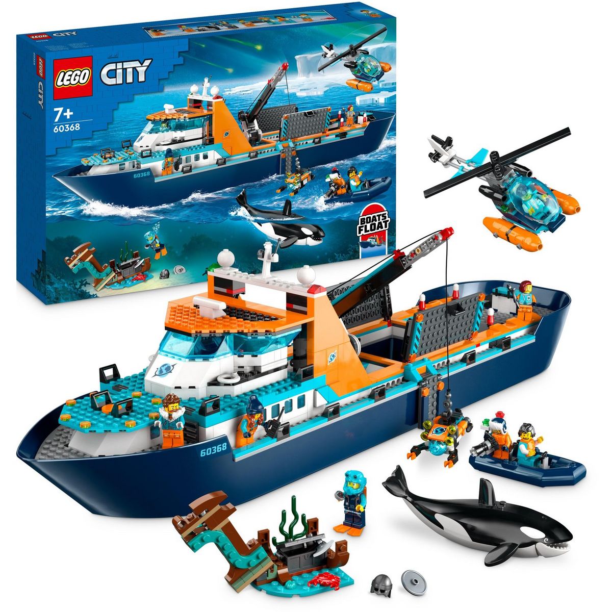 LEGO City 60368 - Le Navire d'Exploration Arctique, Grand Jouet avec Bateau Flottant, Hélicoptère, Sous-Marin, Épave de Viking, 7 Minifigurines et Figurine d'Orque