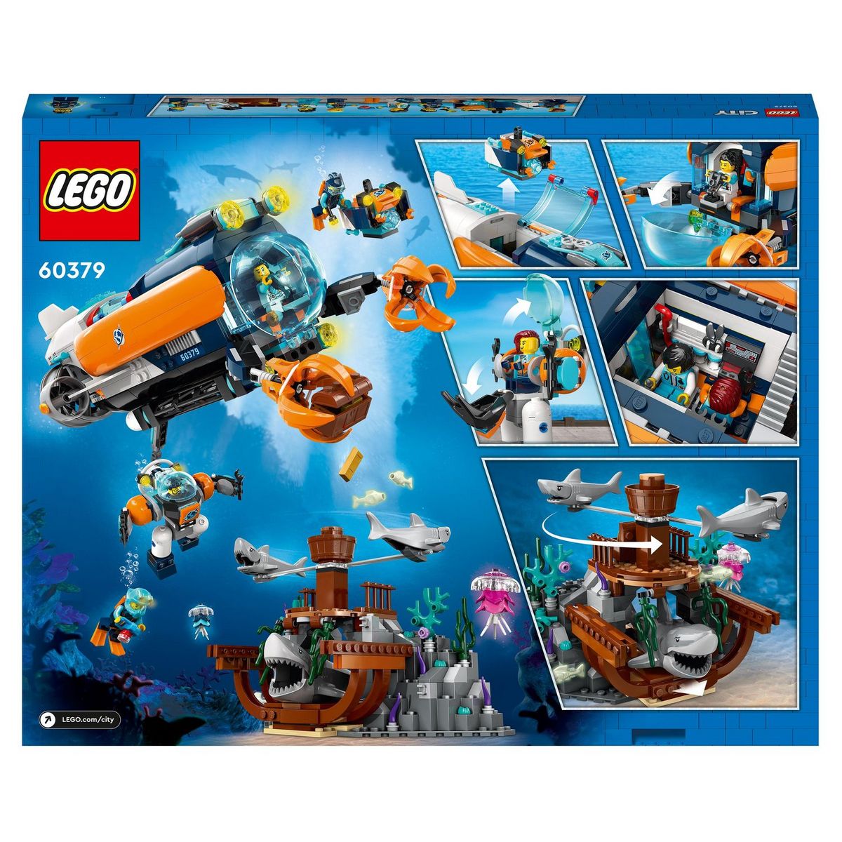 LEGO City 60379 - Le Sous-Marin d'Exploration en Eaux Profondes, Jouet avec Drone, Figurines Requin, Épave et Minifigurines Plongeur