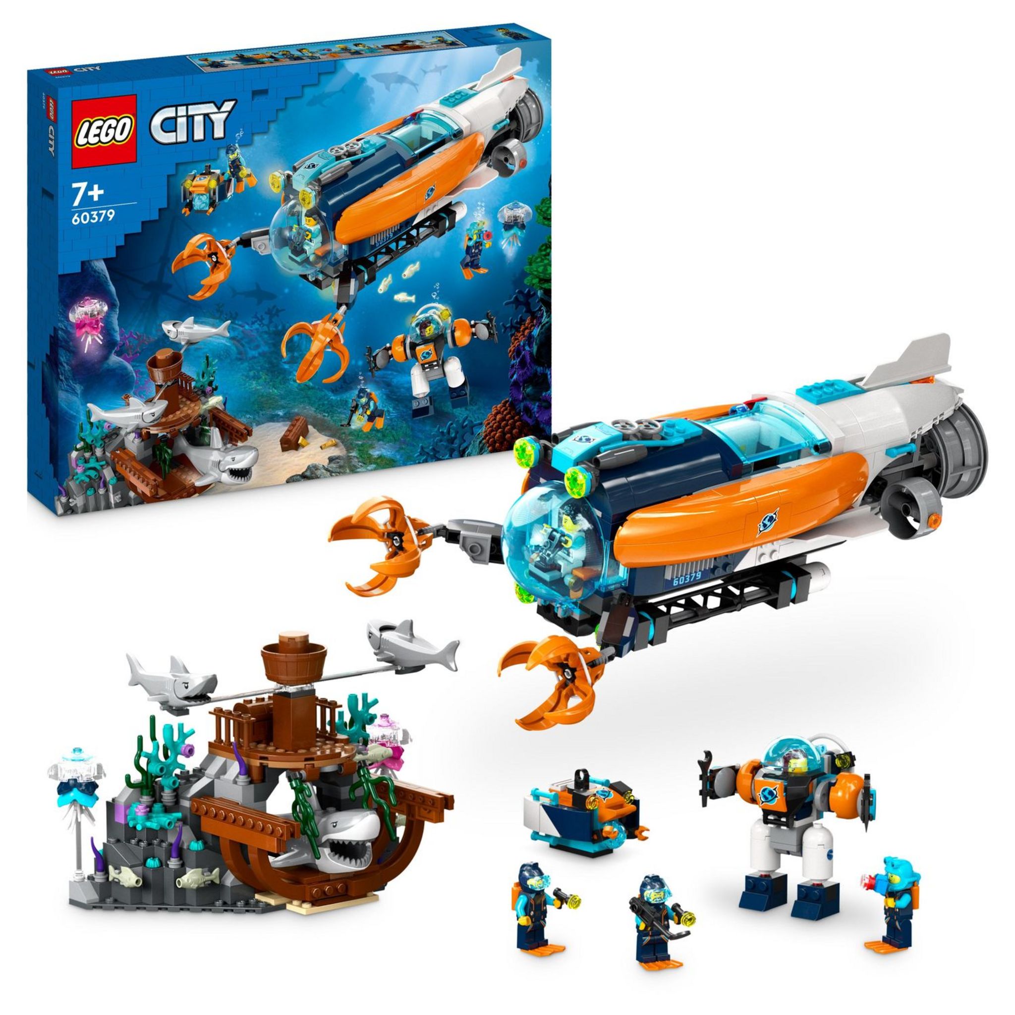 Voir la diapositive 9 : LEGO City 60379 - Le Sous-Marin d'Exploration en Eaux Profondes, Jouet avec Drone, Figurines Requin, Épave et Minifigurines Plongeur