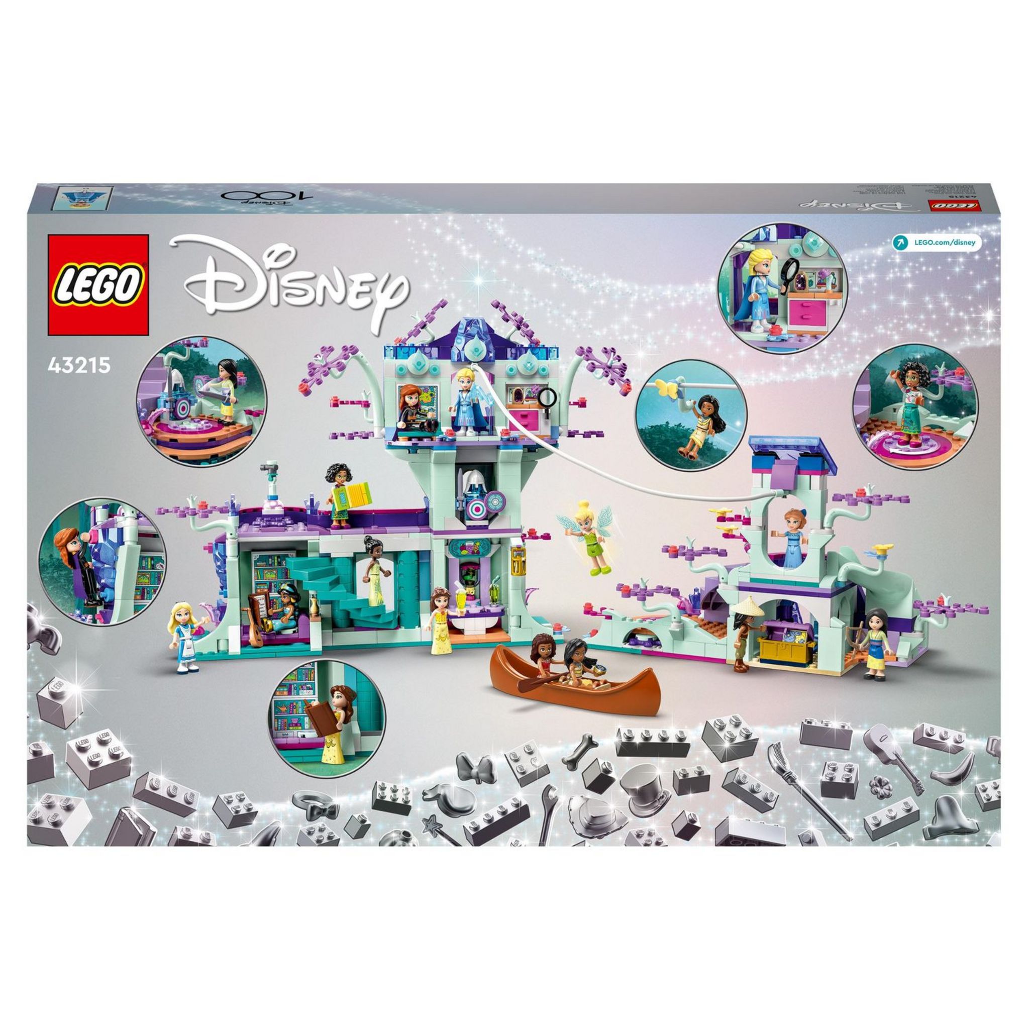 Voir la diapositive 2 : LEGO Disney Princess 43215 - La Cabane Enchantée dans l'Arbre, avec 13 Mini-Poupées Figurines dont Princesse Jasmine, Elsa, Anna & Moana, Jouet à 2 Niveaux