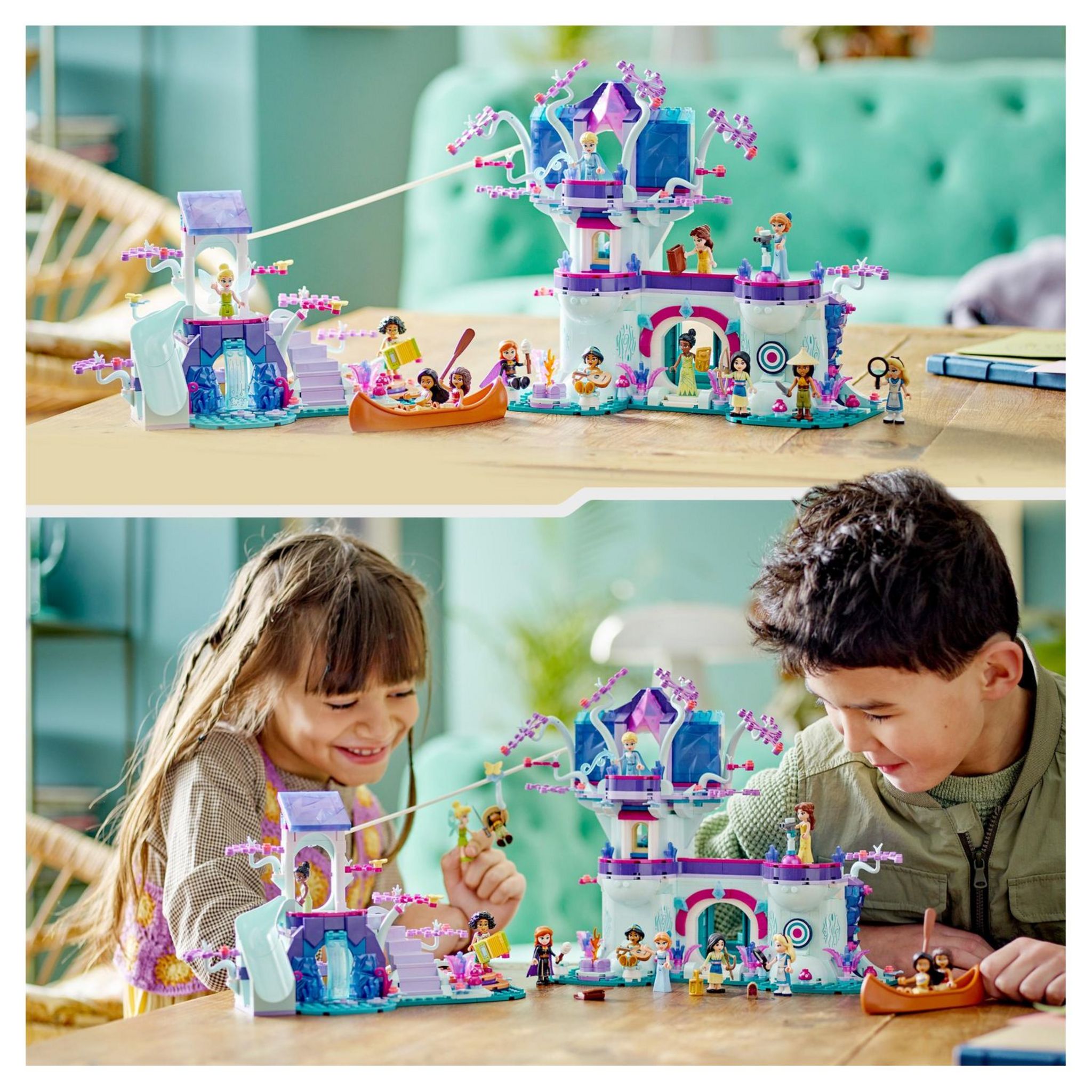 Voir la diapositive 3 : LEGO Disney Princess 43215 - La Cabane Enchantée dans l'Arbre, avec 13 Mini-Poupées Figurines dont Princesse Jasmine, Elsa, Anna & Moana, Jouet à 2 Niveaux