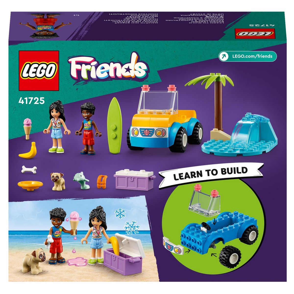 LEGO Friends  41725 - La Journée à la Plage en Buggy, Jouet avec Voiture, Planche de Surf, Mini-Poupées, plus Figurines d'Animaux Dauphin et Chien