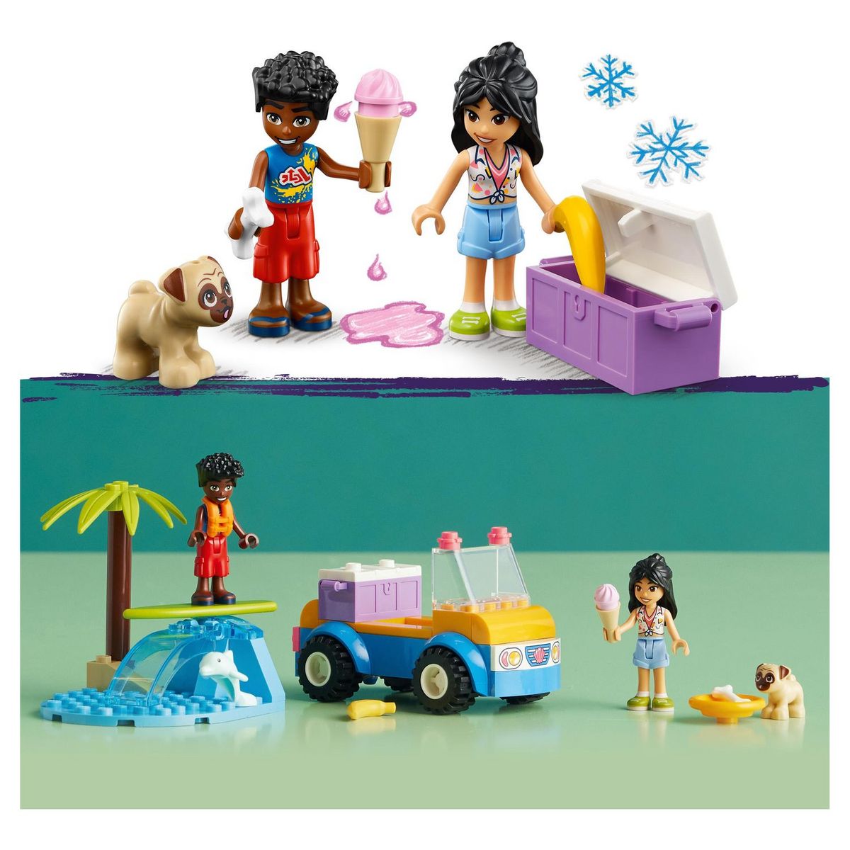 LEGO Friends  41725 - La Journée à la Plage en Buggy, Jouet avec Voiture, Planche de Surf, Mini-Poupées, plus Figurines d'Animaux Dauphin et Chien