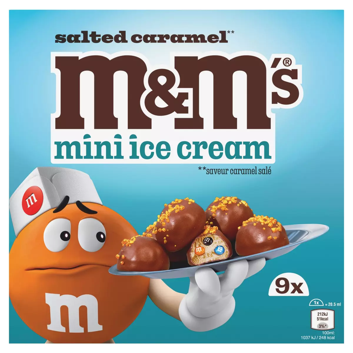 M&M'S Mini bouchées glacées au chocolat et caramel salé 9 pièces 121g