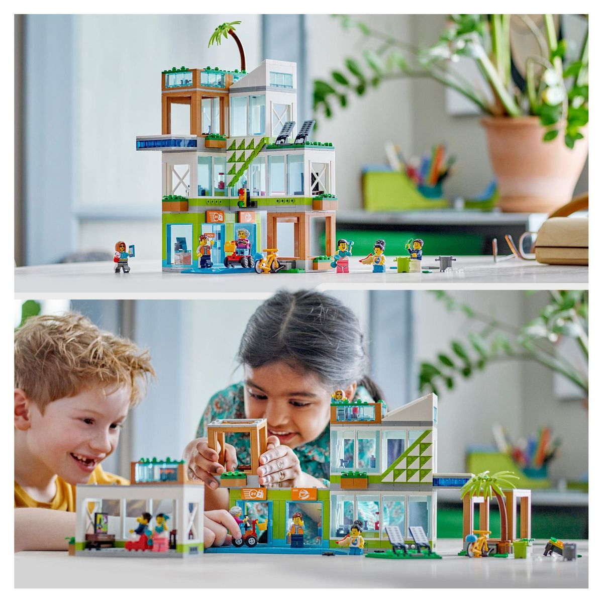 LEGO City 60365 - L'Immeuble d'Habitation, Maquette Modulaire avec Chambres, Magasin, Jouet de Vélo et 6 Minifigurines