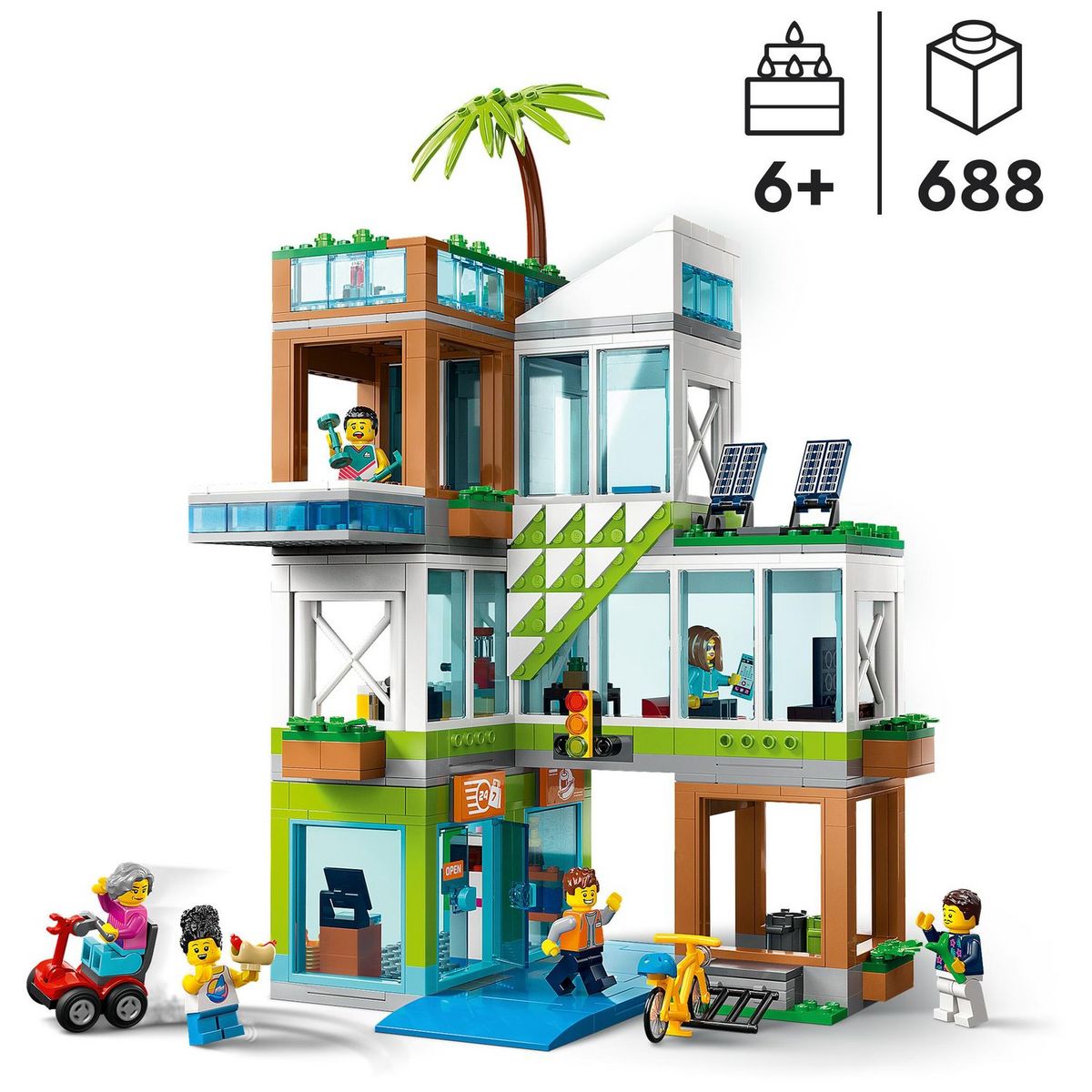 LEGO City 60365 - L'Immeuble d'Habitation, Maquette Modulaire avec Chambres, Magasin, Jouet de Vélo et 6 Minifigurines