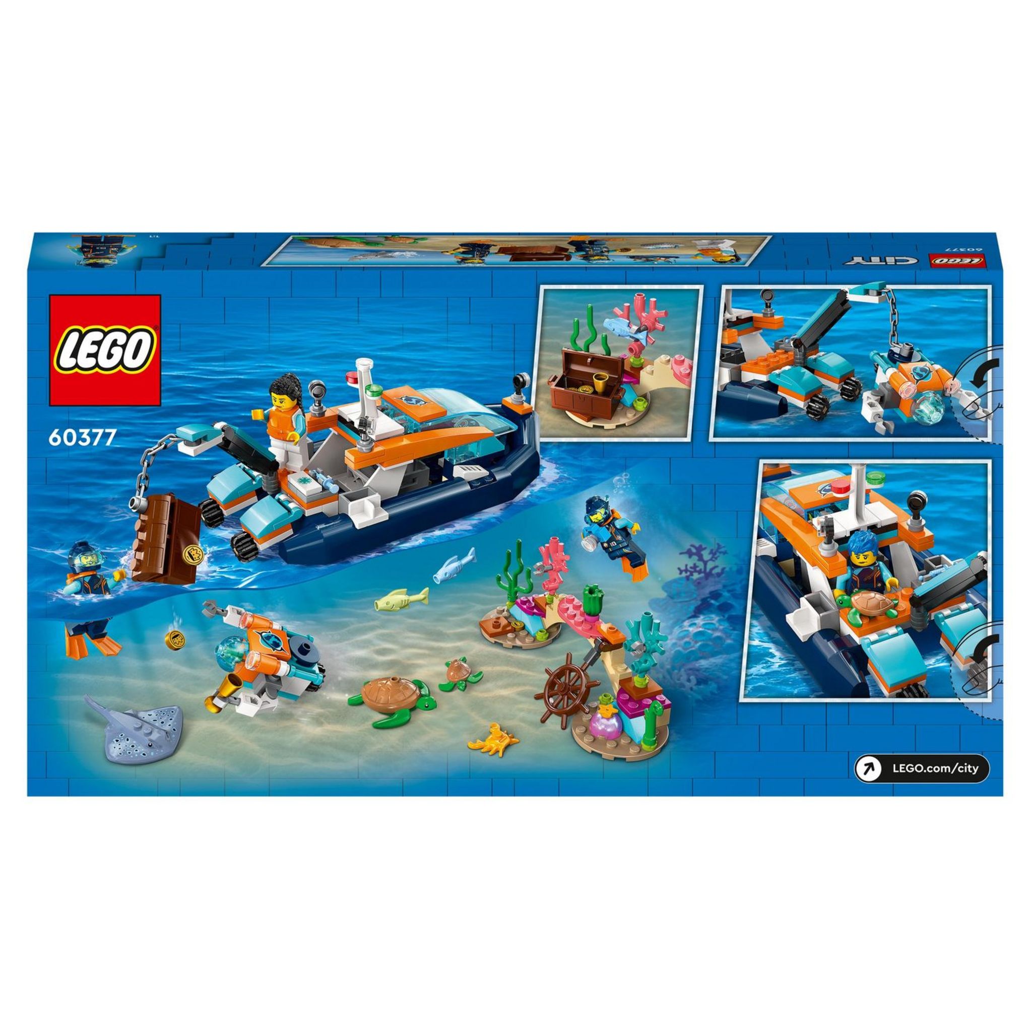 Voir la diapositive 2 : LEGO City 60377 - Le Bateau d'Exploration Sous-Marine, Jouet avec Mini Sous-Marin, Requin, Crabe, Tortue, Raie et Figurines Animaux Marins, Set de Plongée Sous-Marine