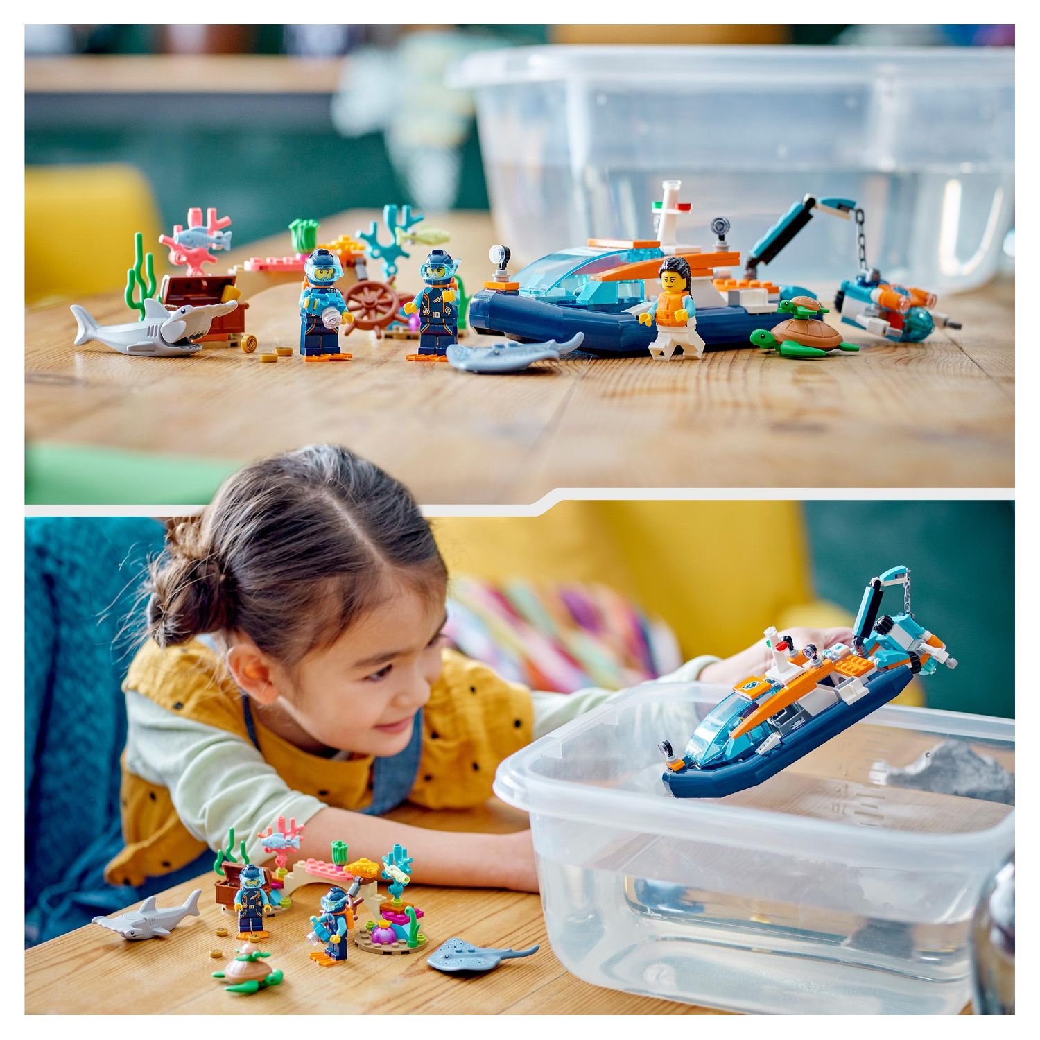 Voir la diapositive 3 : LEGO City 60377 - Le Bateau d'Exploration Sous-Marine, Jouet avec Mini Sous-Marin, Requin, Crabe, Tortue, Raie et Figurines Animaux Marins, Set de Plongée Sous-Marine
