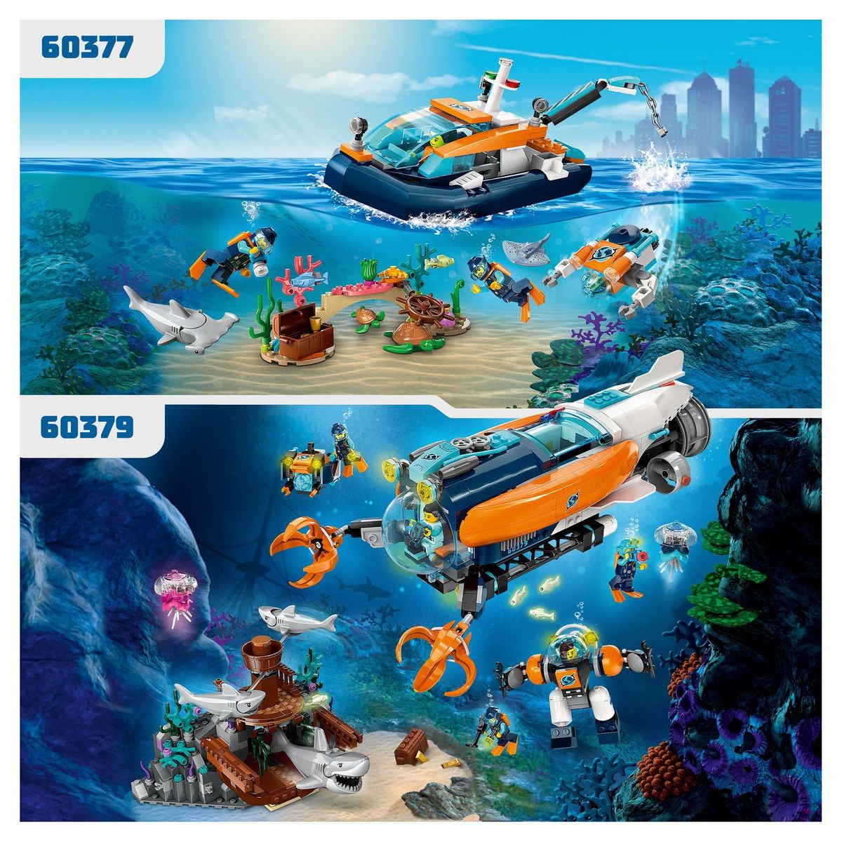 LEGO City 60377 - Le Bateau d'Exploration Sous-Marine, Jouet avec Mini Sous-Marin, Requin, Crabe, Tortue, Raie et Figurines Animaux Marins, Set de Plongée Sous-Marine