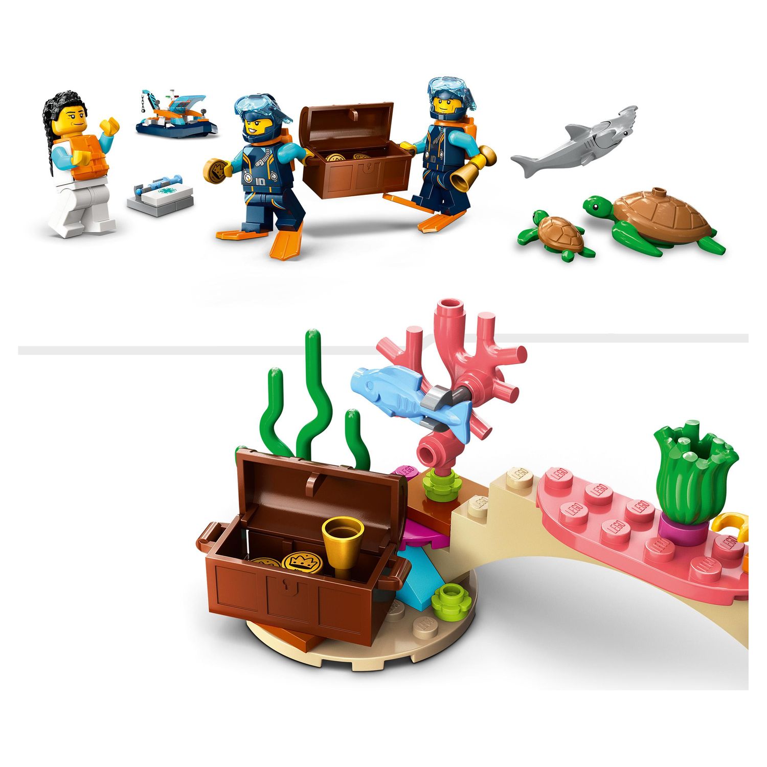 Voir la diapositive 5 : LEGO City 60377 - Le Bateau d'Exploration Sous-Marine, Jouet avec Mini Sous-Marin, Requin, Crabe, Tortue, Raie et Figurines Animaux Marins, Set de Plongée Sous-Marine