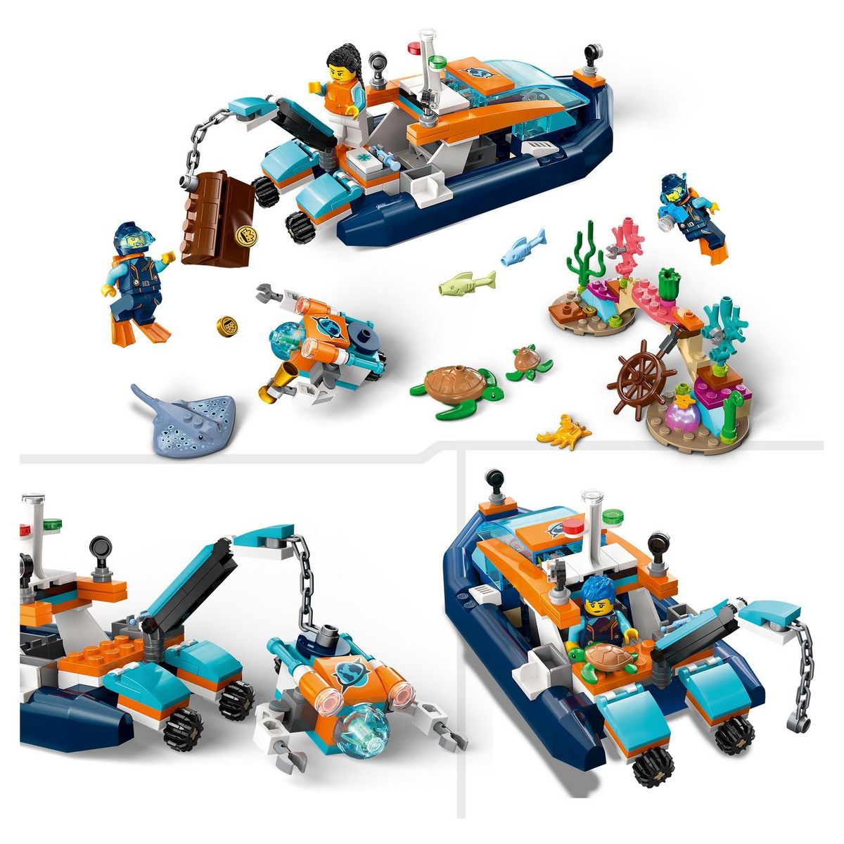 LEGO City 60377 - Le Bateau d'Exploration Sous-Marine, Jouet avec Mini Sous-Marin, Requin, Crabe, Tortue, Raie et Figurines Animaux Marins, Set de Plongée Sous-Marine